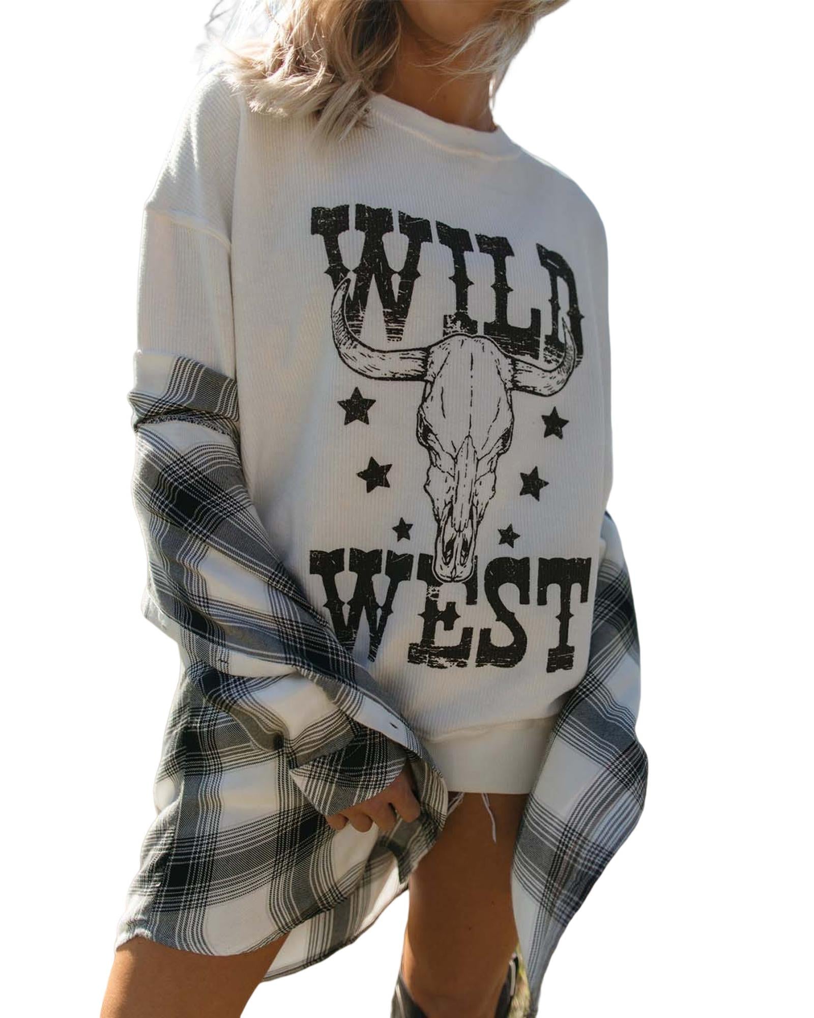 White WILD WEST Steer Skull Graphic Ribbed Sweatshirt - L 8