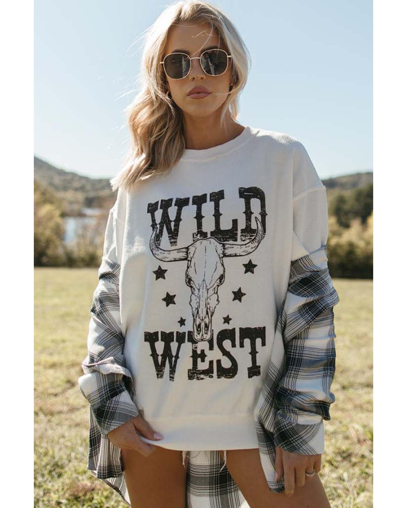 White WILD WEST Steer Skull Graphic Ribbed Sweatshirt - M 4