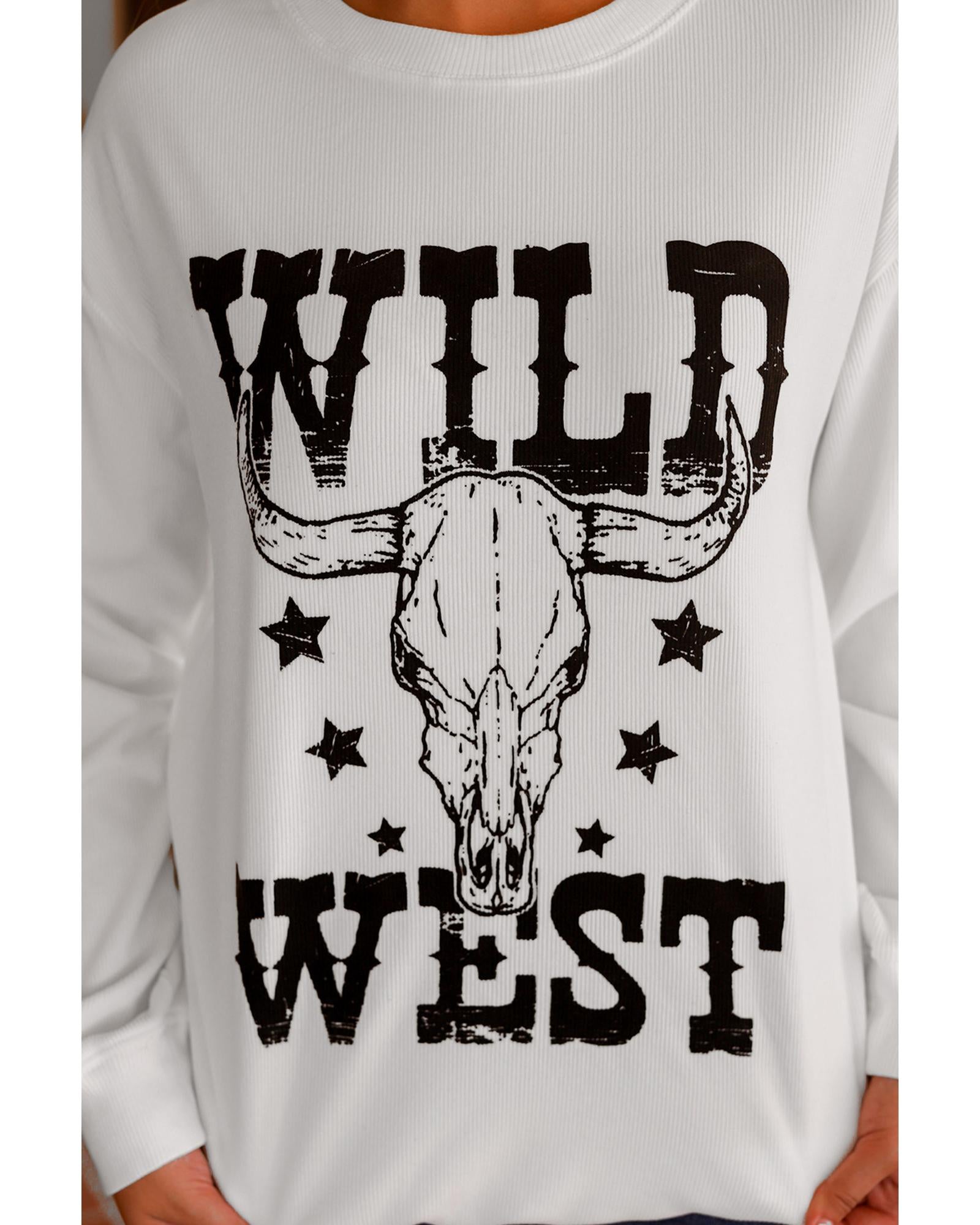White WILD WEST Steer Skull Graphic Ribbed Sweatshirt - M 5