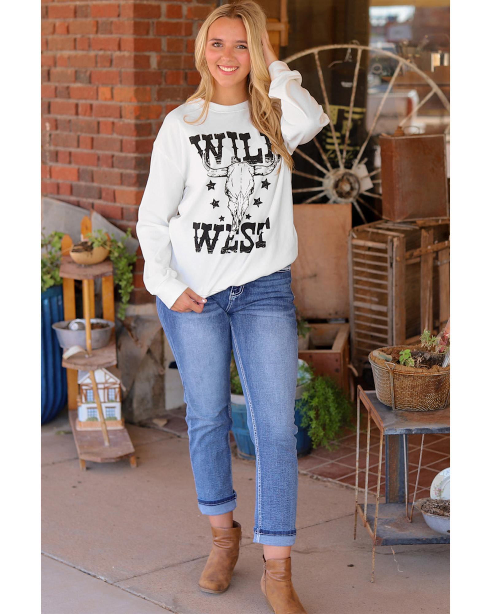 White WILD WEST Steer Skull Graphic Ribbed Sweatshirt - M 8
