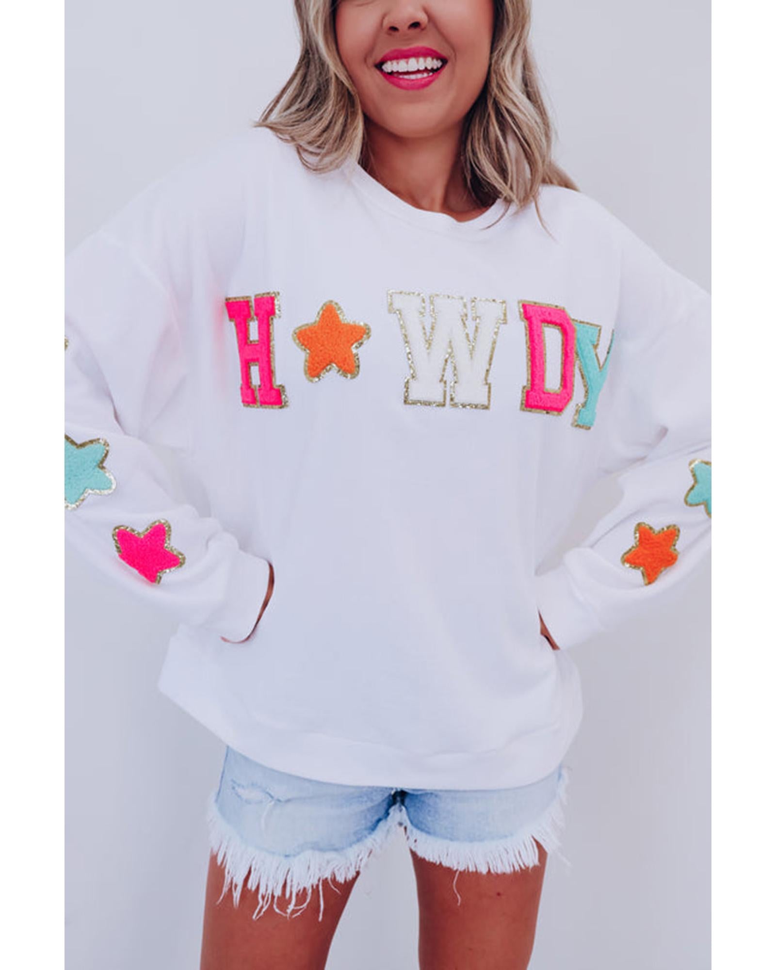 Azura Exchange White Glitter Howdy Patch Graphic Casual Sweatshirt - S