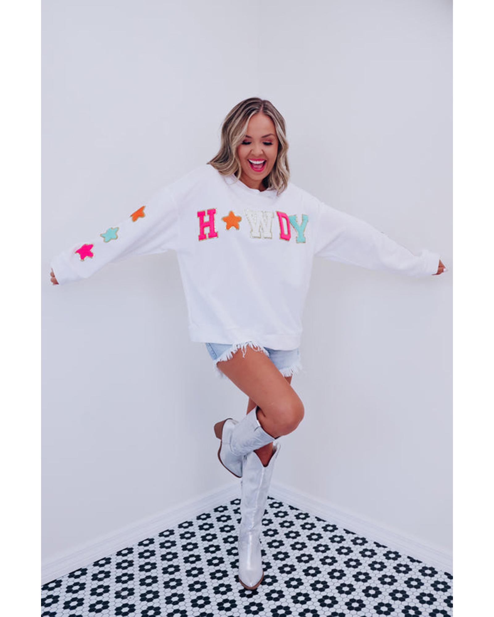 Azura Exchange White Glitter Howdy Patch Graphic Casual Sweatshirt - S 5