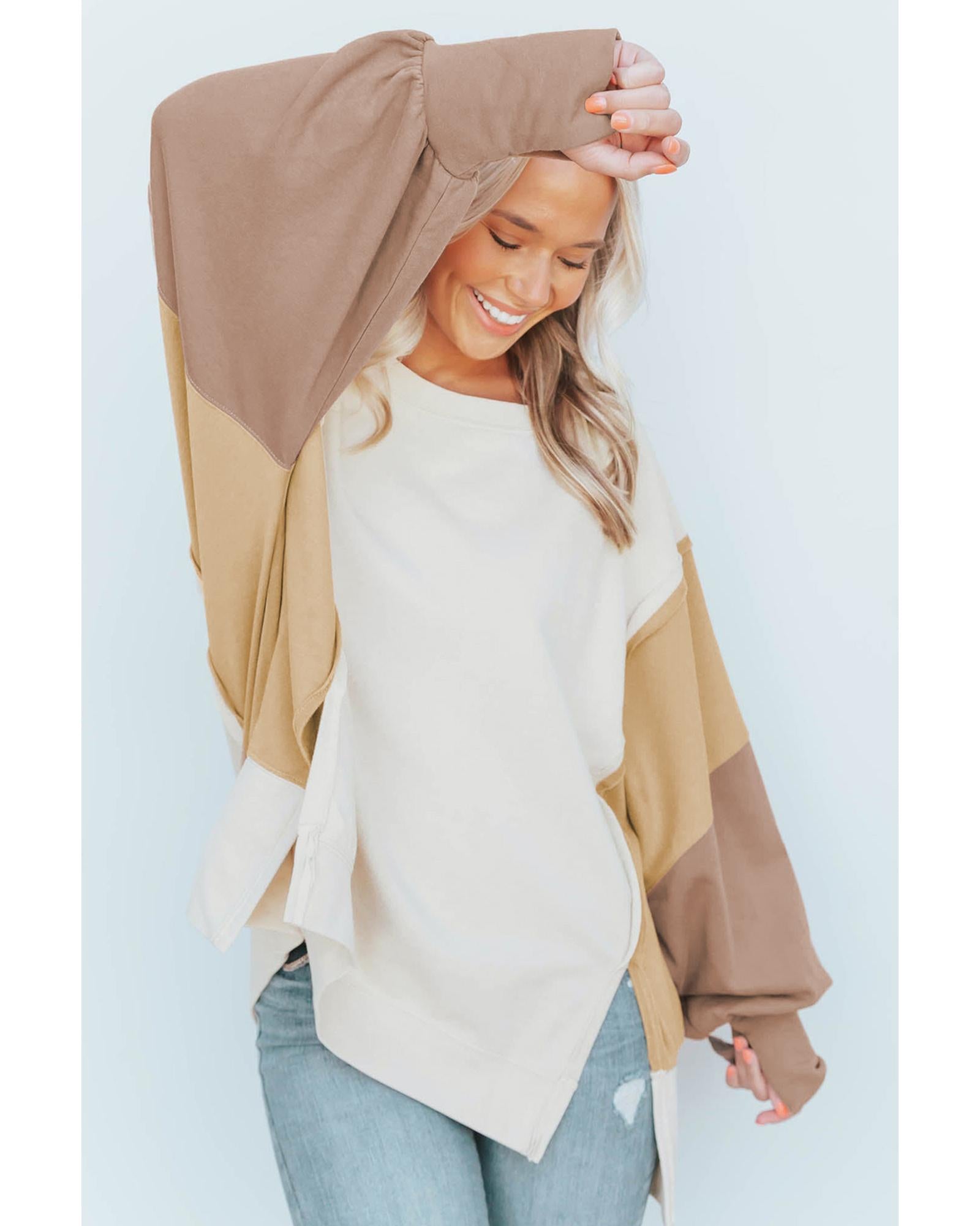 Khaki Color Block Sleeve Patchwork Oversized Sweatshirt - L