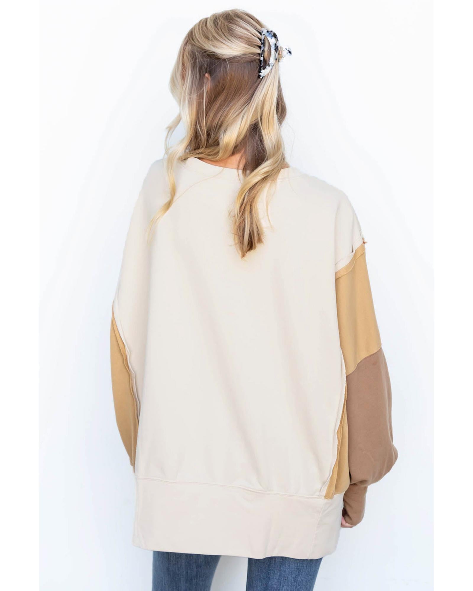 Khaki Color Block Sleeve Patchwork Oversized Sweatshirt - L 4