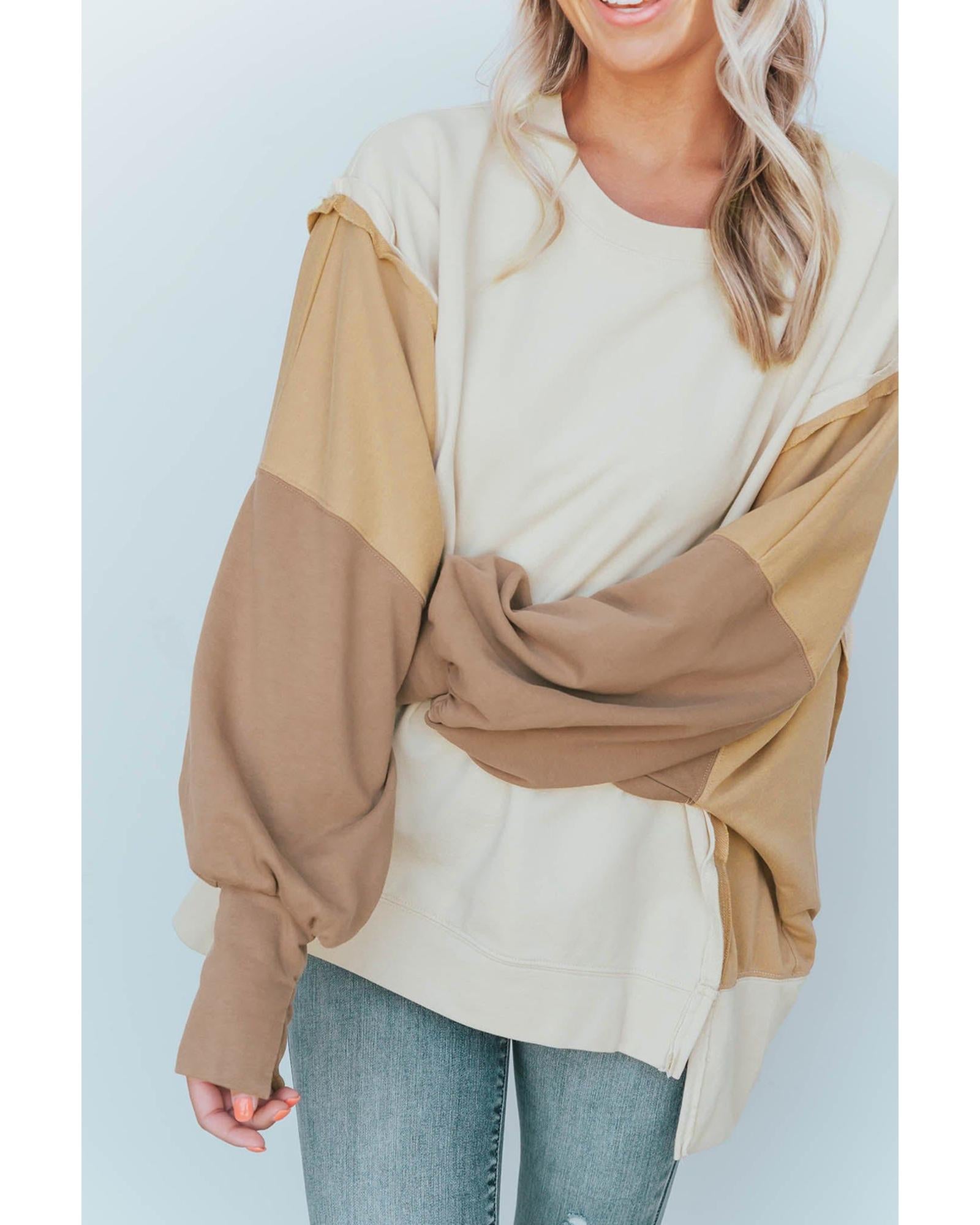 Khaki Color Block Sleeve Patchwork Oversized Sweatshirt - M 5