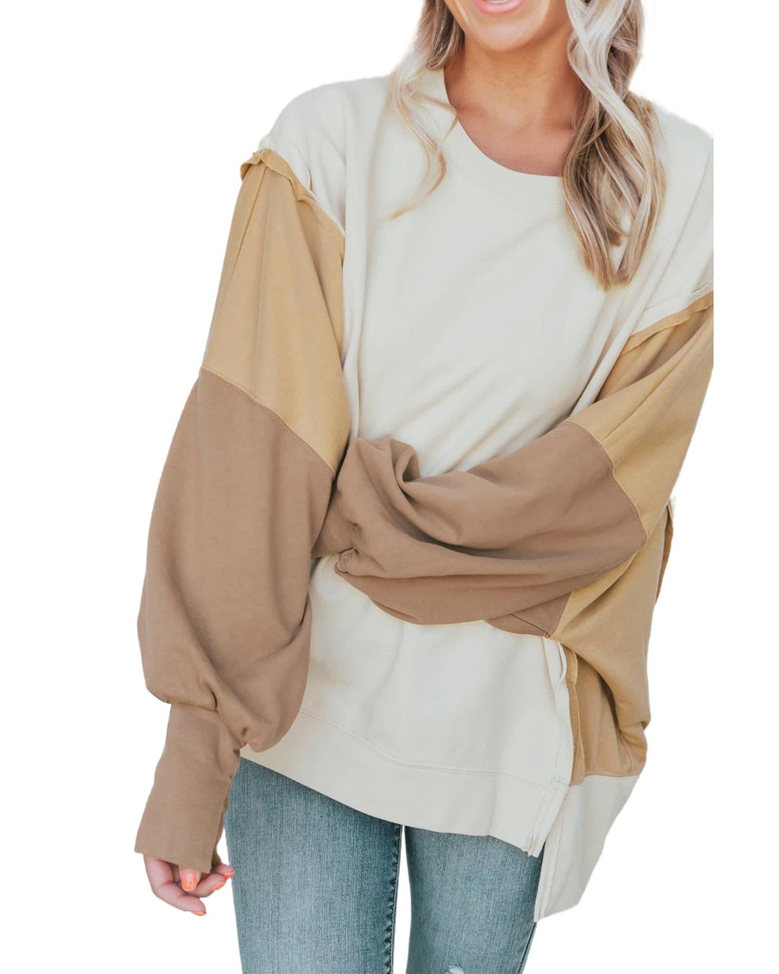 Khaki Color Block Sleeve Patchwork Oversized Sweatshirt - S