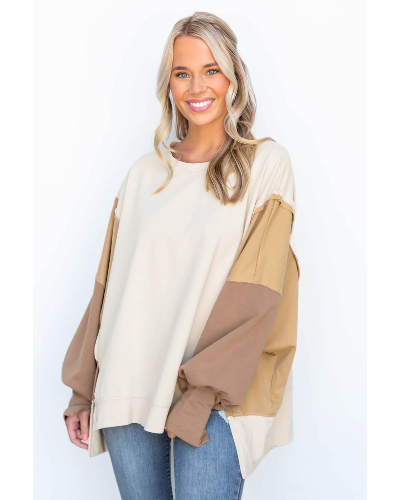 Khaki Color Block Sleeve Patchwork Oversized Sweatshirt - S 3