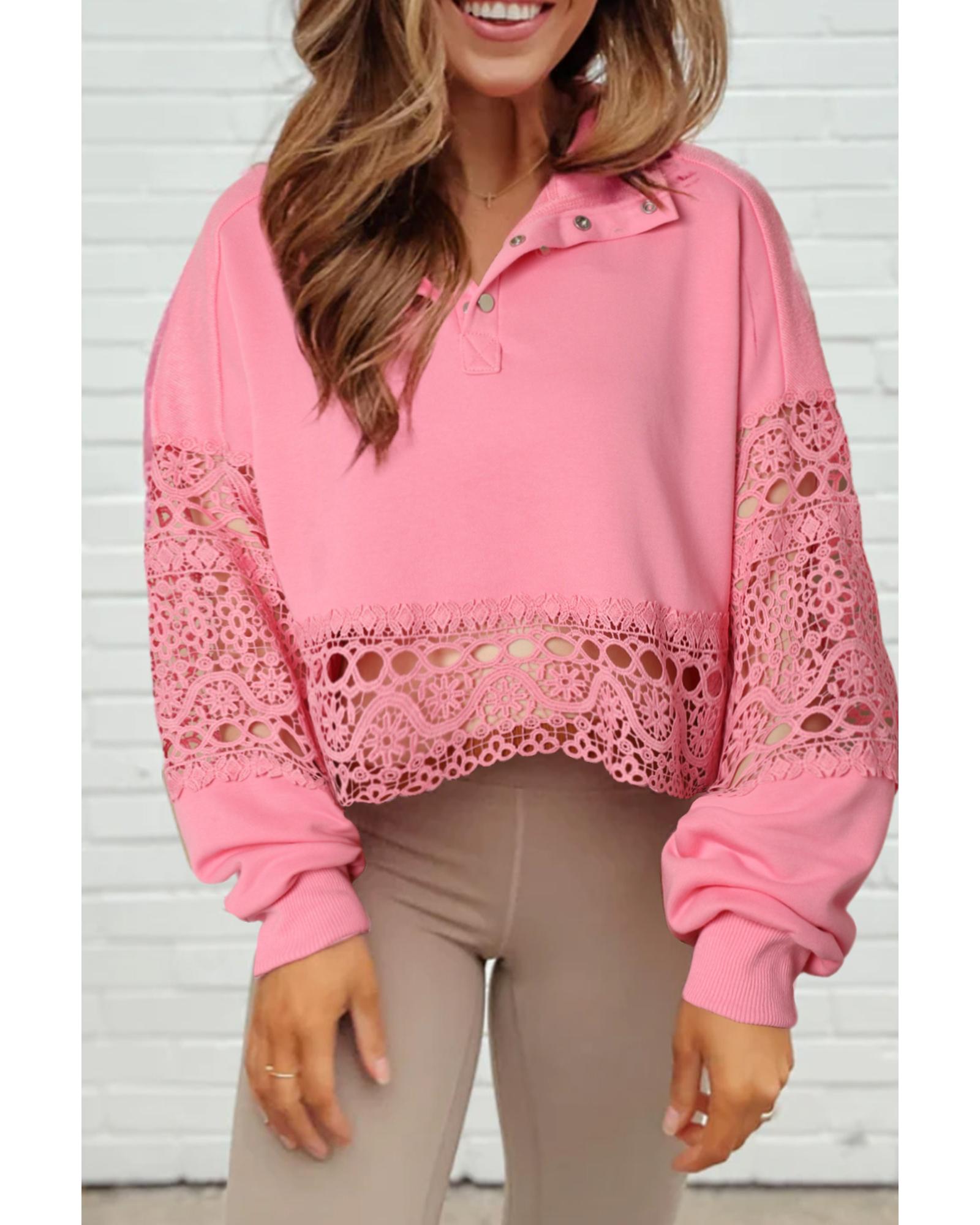 Pink Hollowed Lace Splicing Cropped Sweatshirt - L