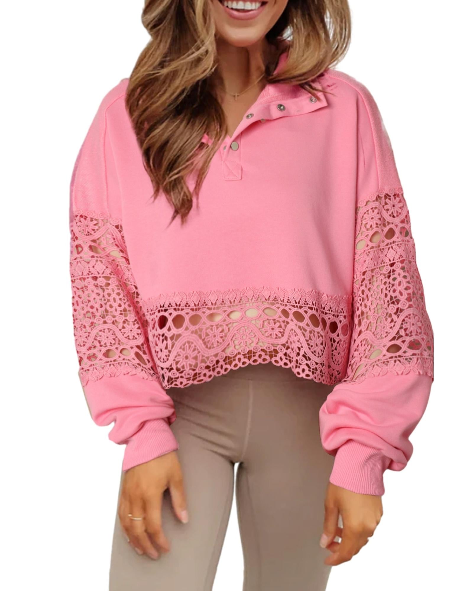Pink Hollowed Lace Splicing Cropped Sweatshirt - L 3