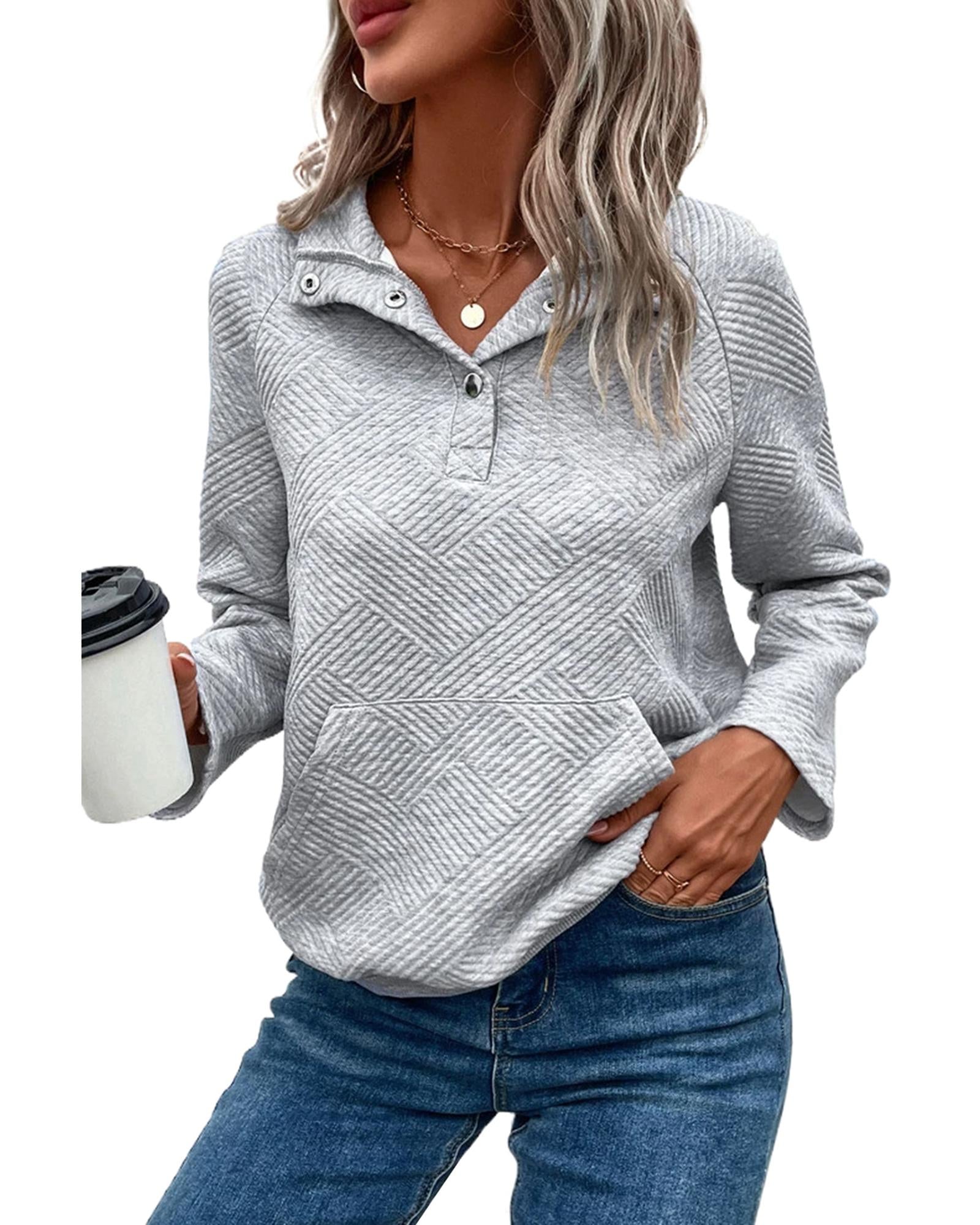 Light Grey Textured Knit Buttoned Kangaroo Pocket Sweatshirt - L