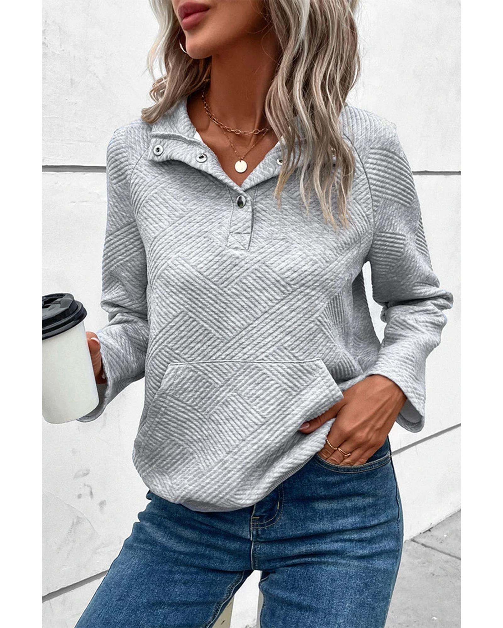 Light Grey Textured Knit Buttoned Kangaroo Pocket Sweatshirt - L 3