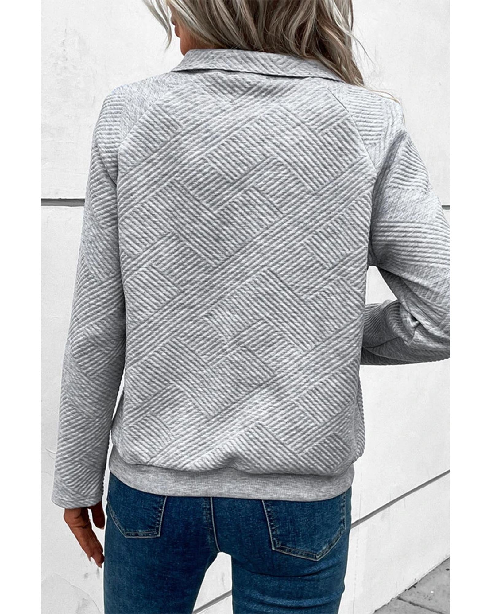 Light Grey Textured Knit Buttoned Kangaroo Pocket Sweatshirt - L 4