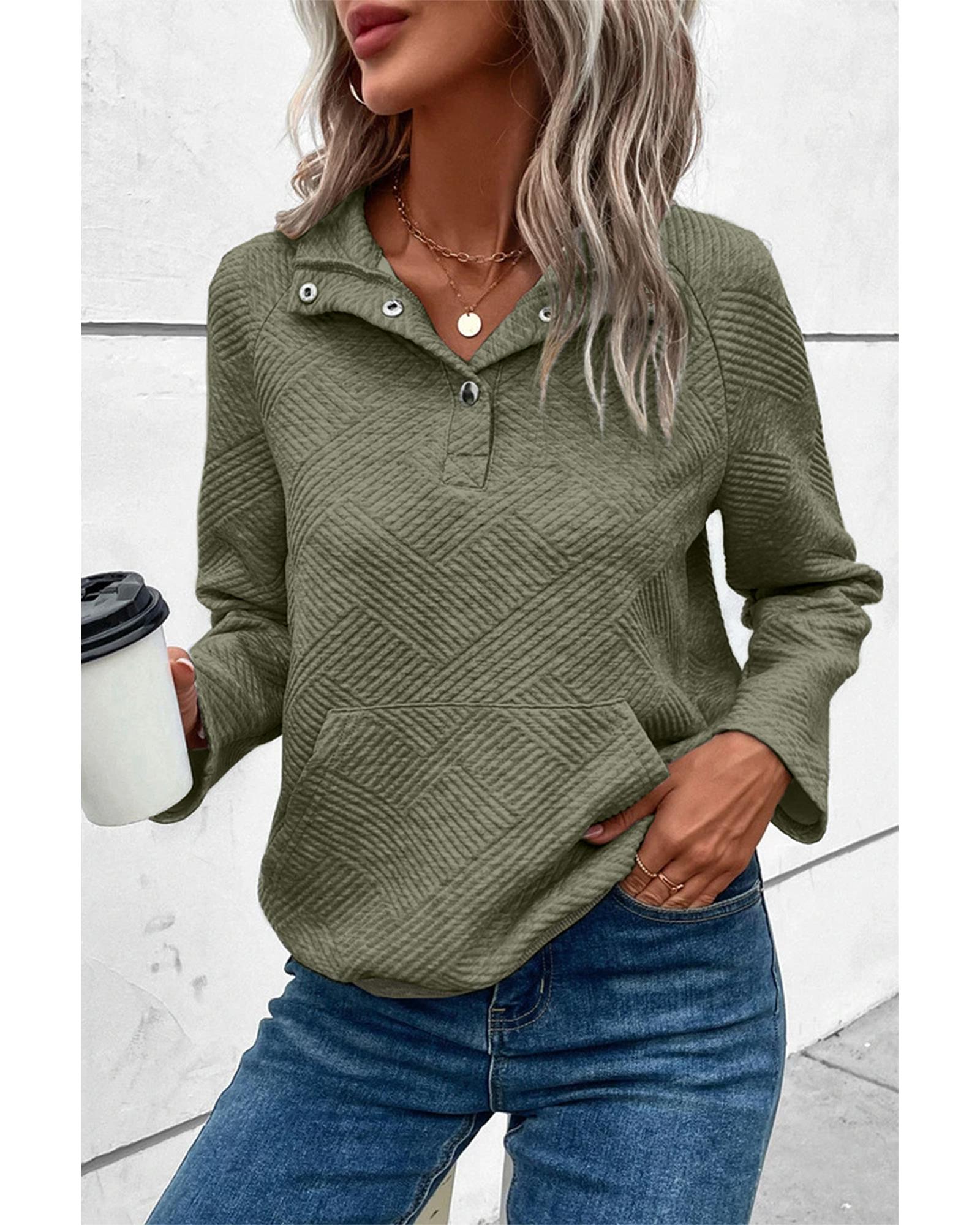 Laurel Green Textured Knit Buttoned Kangaroo Pocket Sweatshirt - M 5