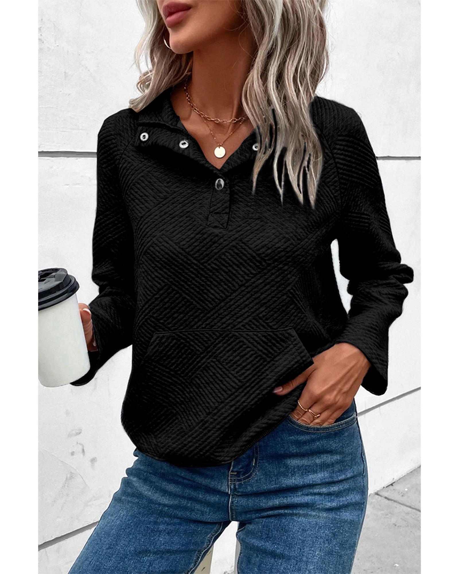 Black Textured Knit Buttoned Kangaroo Pocket Sweatshirt - L
