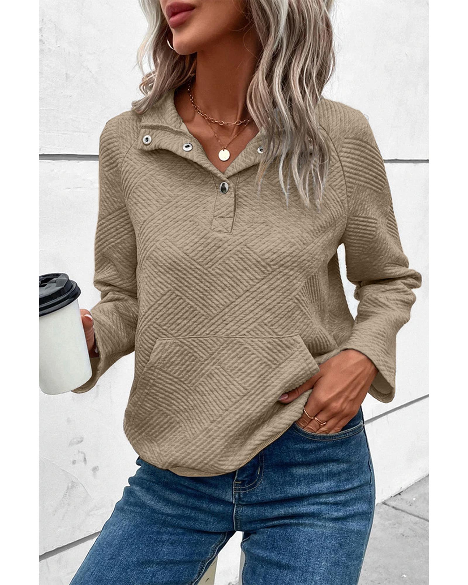 Pale Khaki Textured Knit Buttoned Kangaroo Pocket Sweatshirt - L 3