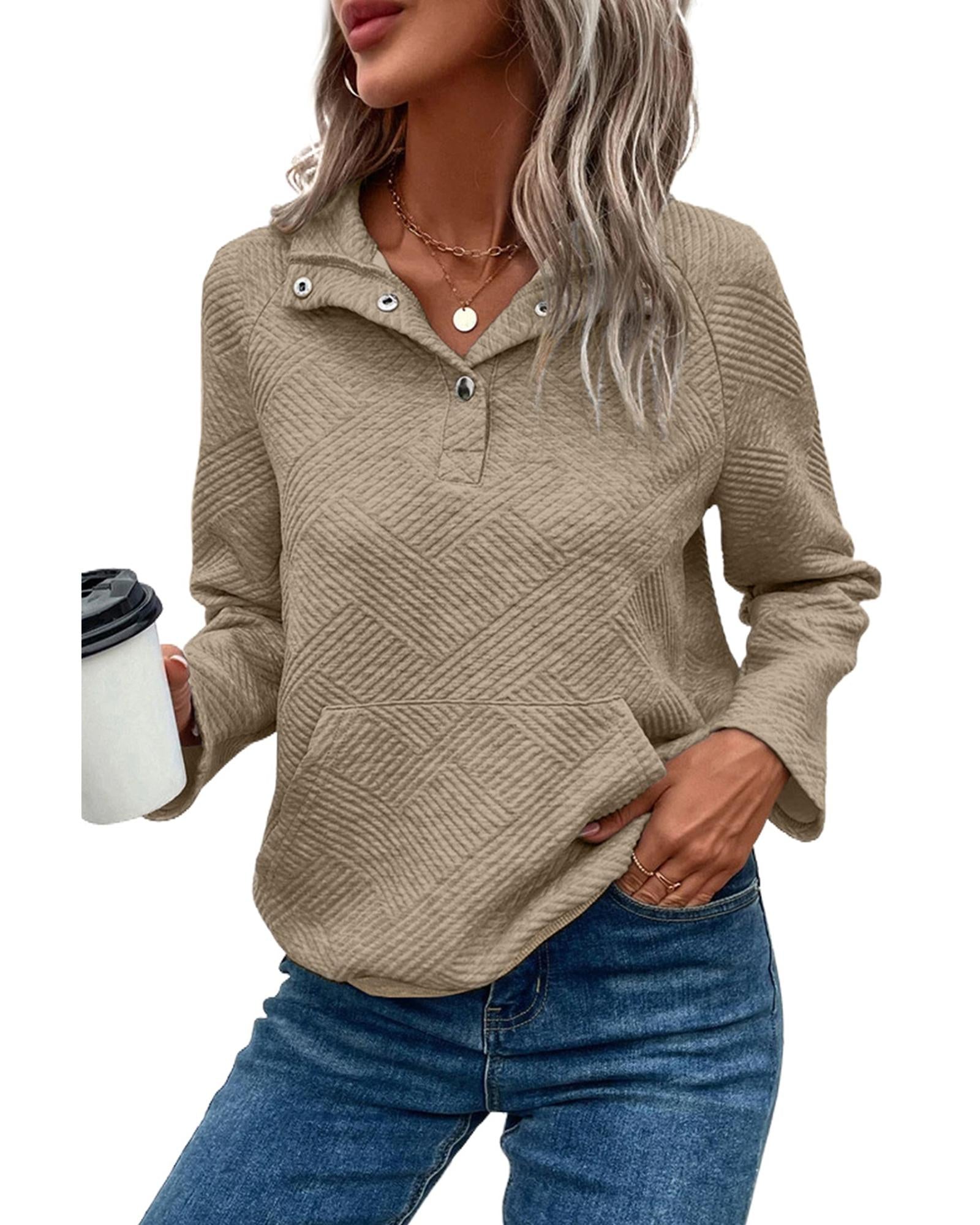 Pale Khaki Textured Knit Buttoned Kangaroo Pocket Sweatshirt - L 4