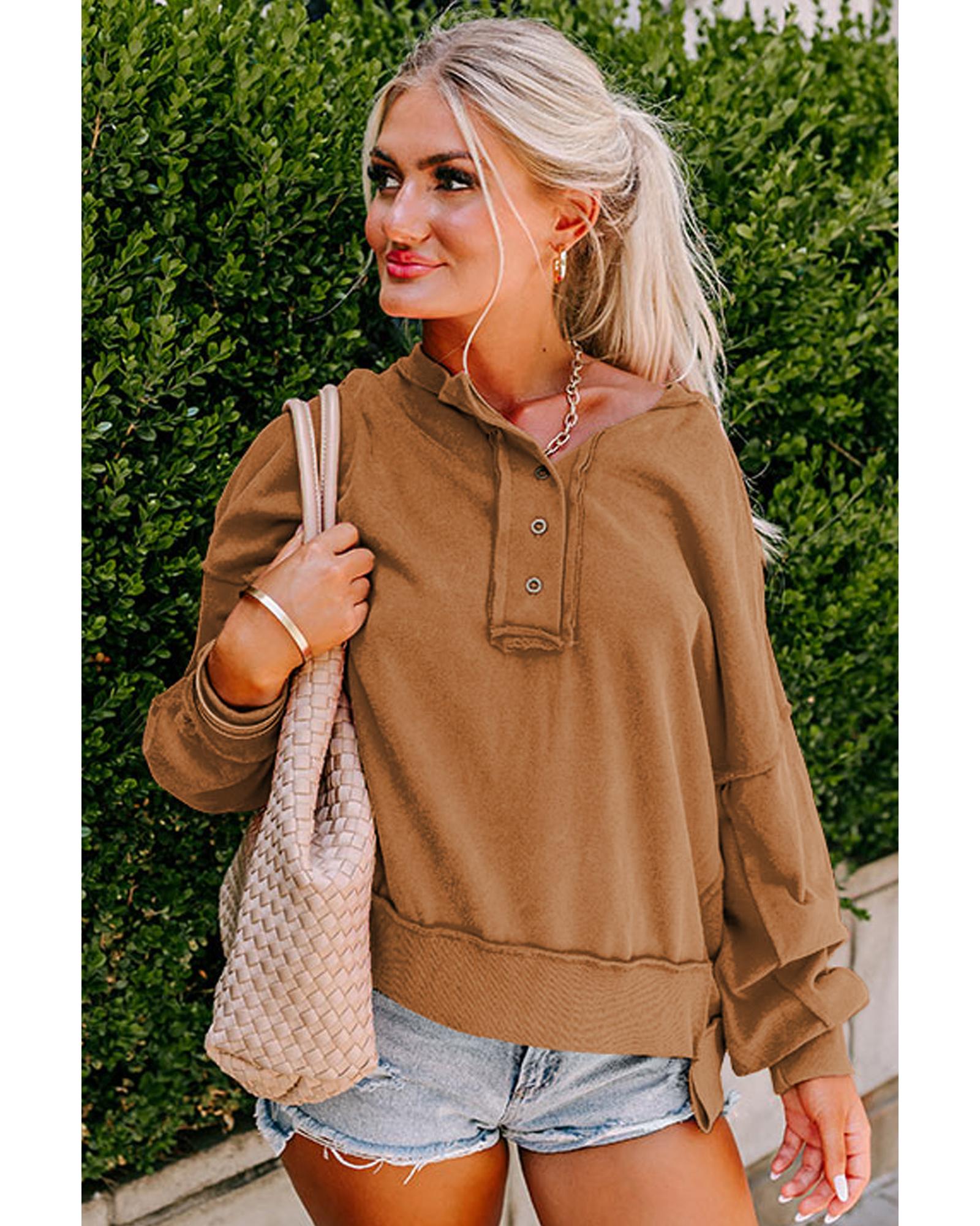 Chestnut Drop Shoulder Henley Buttons Sweatshirt - L