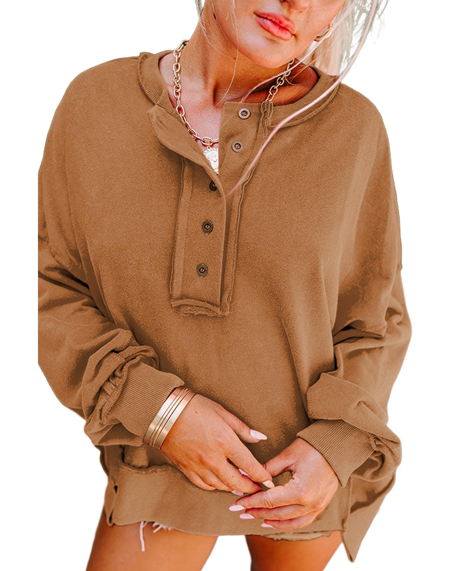 Chestnut Drop Shoulder Henley Buttons Sweatshirt - L 3