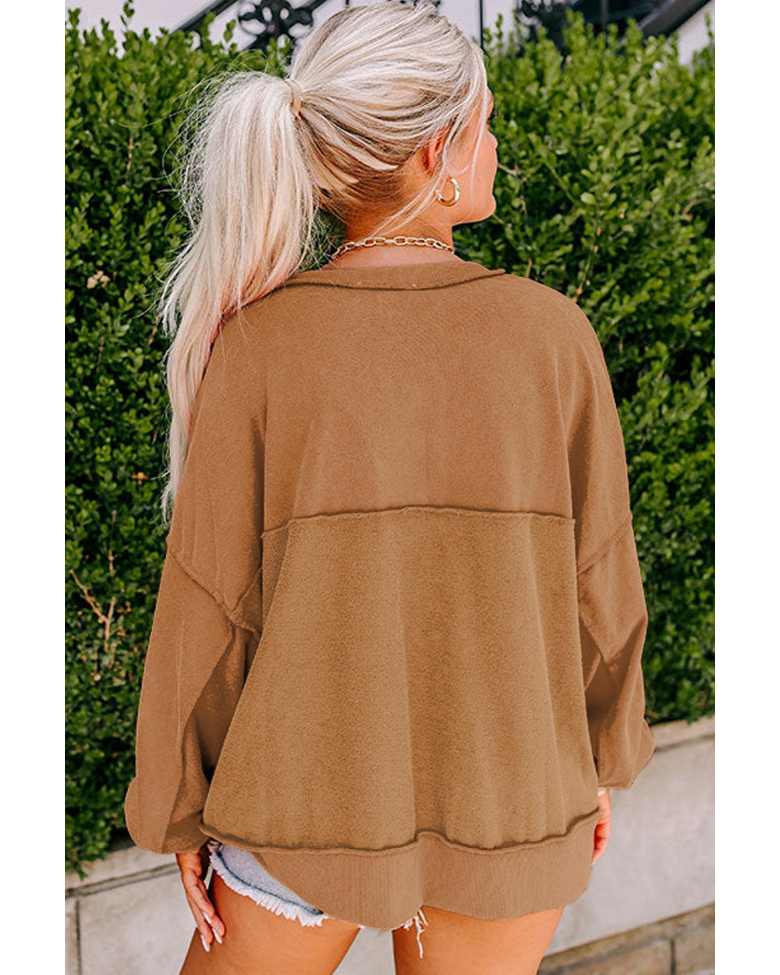 Chestnut Drop Shoulder Henley Buttons Sweatshirt - M
