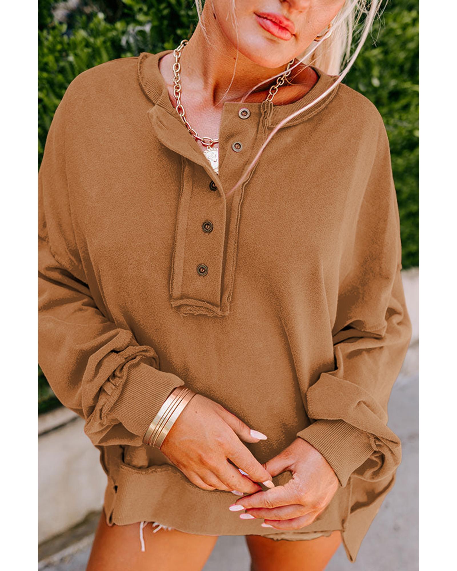 Chestnut Drop Shoulder Henley Buttons Sweatshirt - S