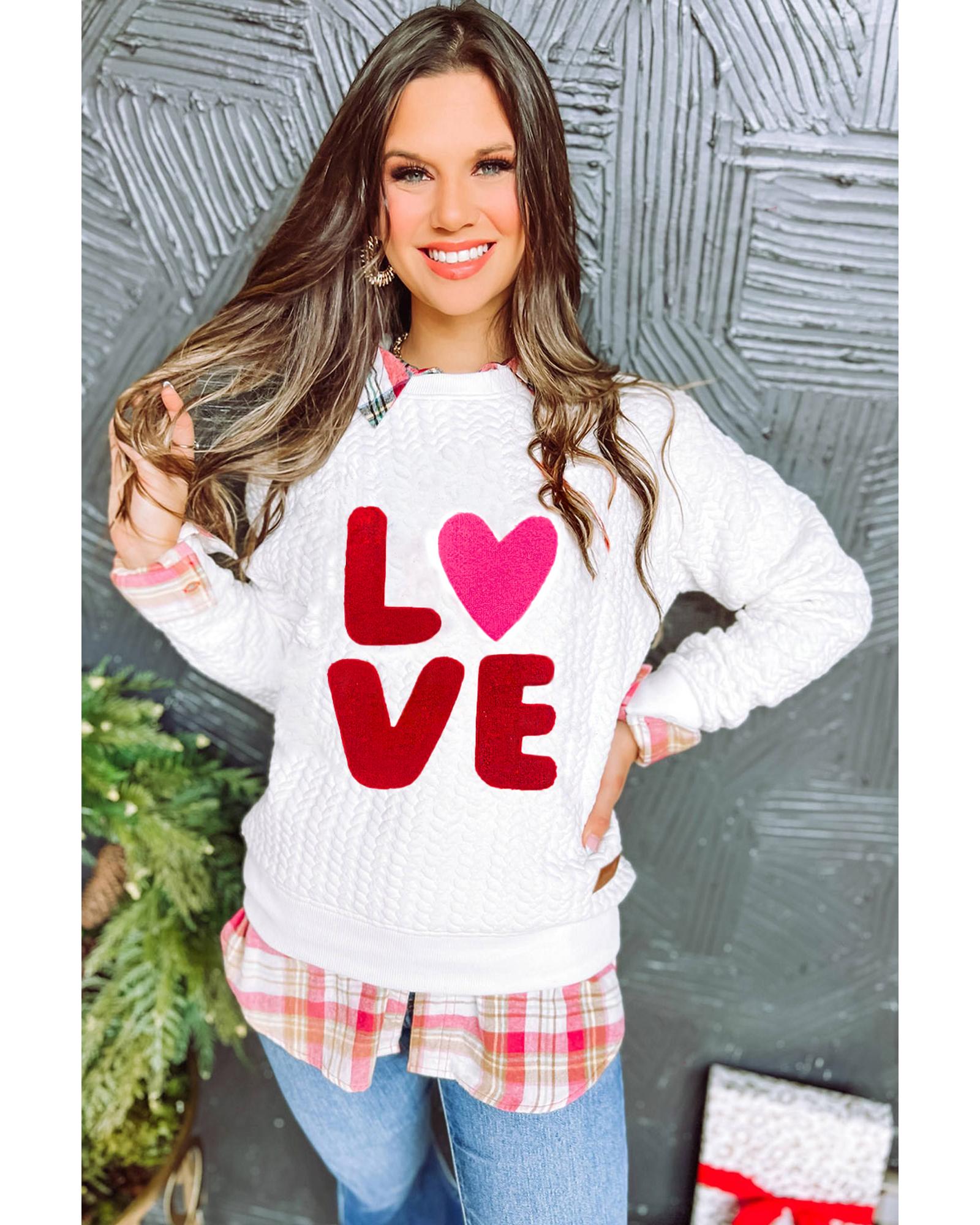 White LOVE Chenille Embroidered Cable Knit Pullover Sweatshirt - 2XL 3