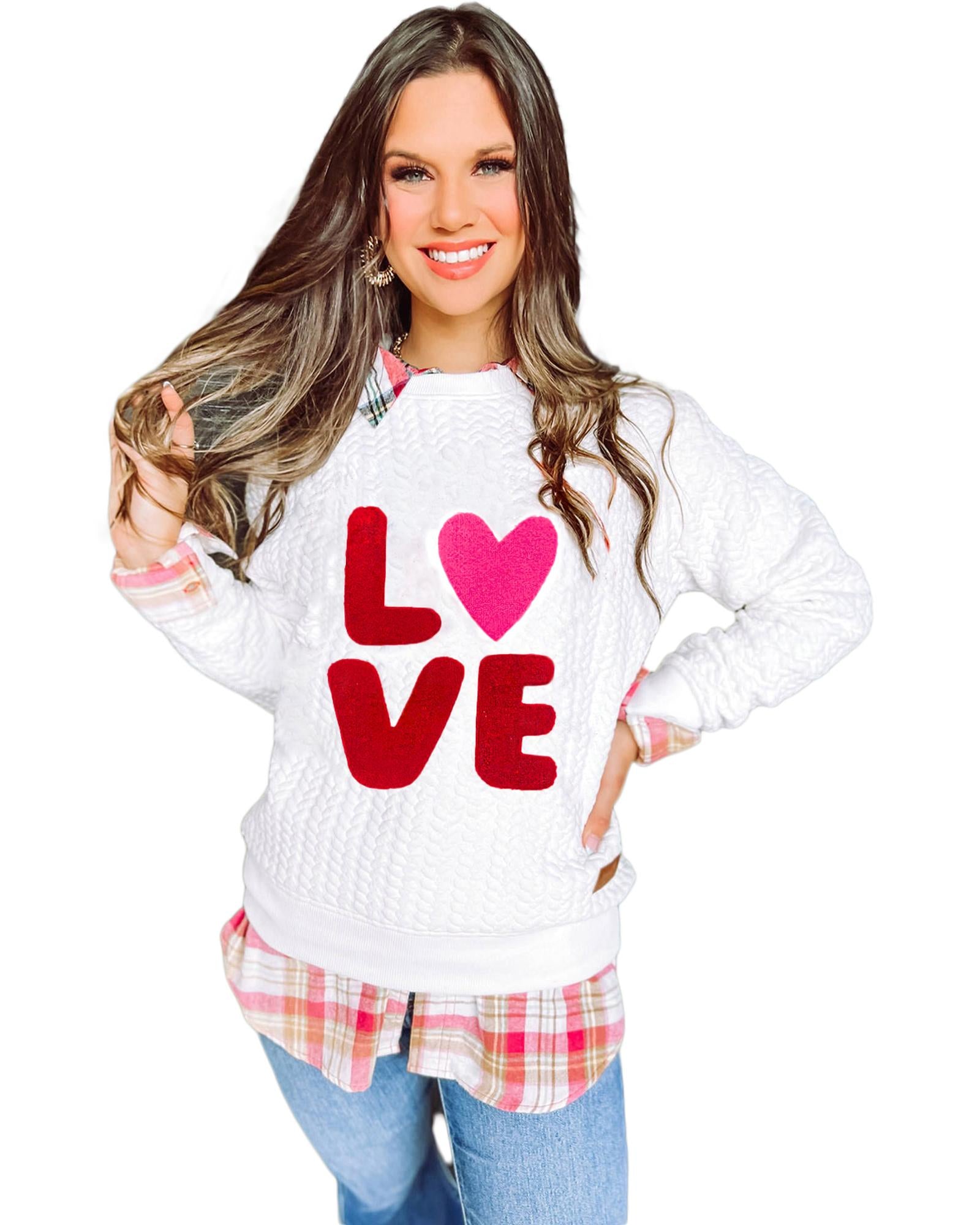 White LOVE Chenille Embroidered Cable Knit Pullover Sweatshirt - L 6