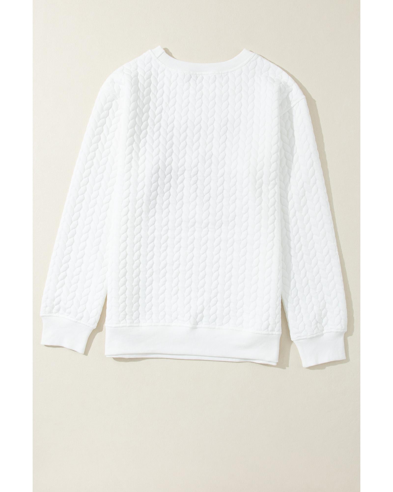 White LOVE Chenille Embroidered Cable Knit Pullover Sweatshirt - M