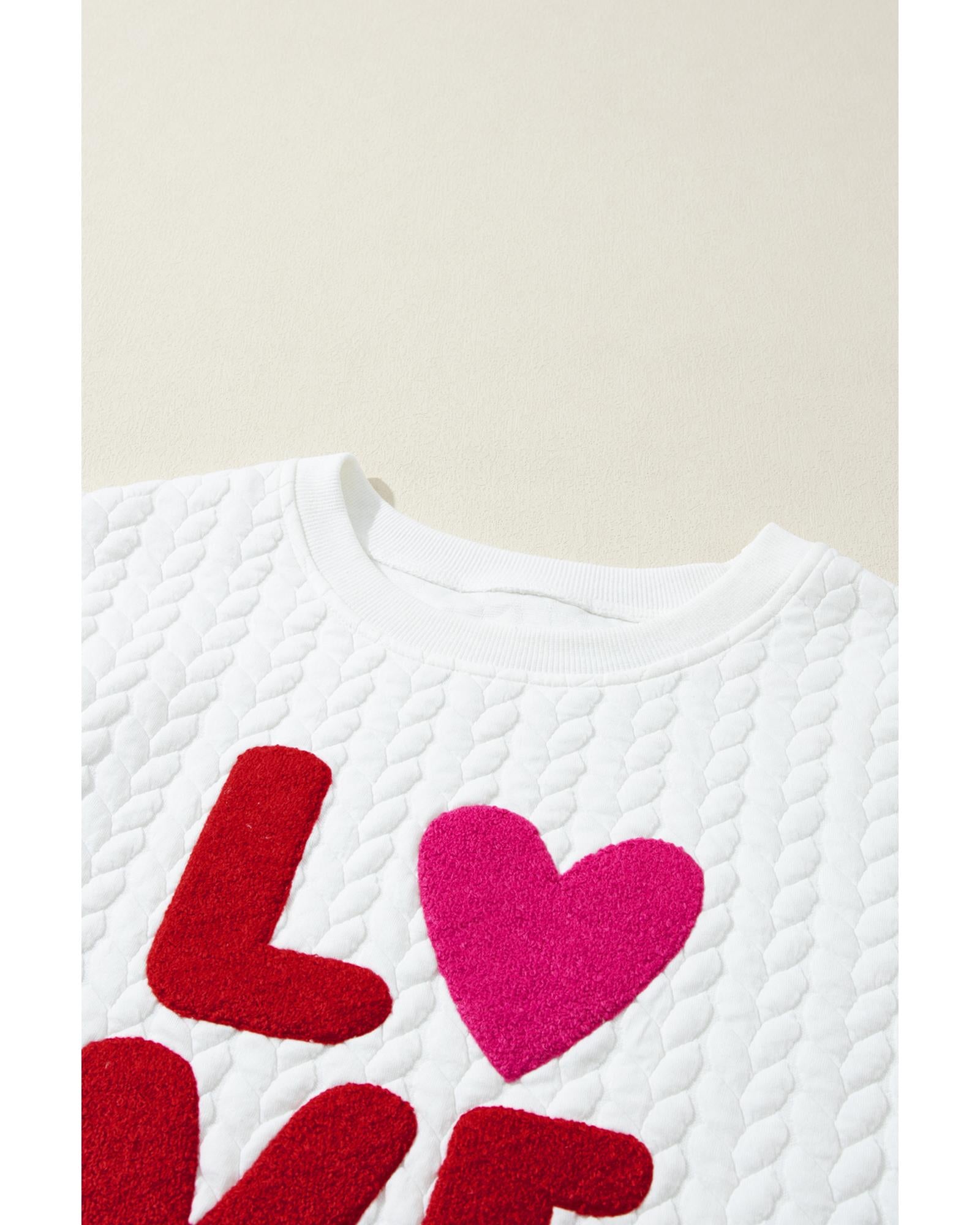 White LOVE Chenille Embroidered Cable Knit Pullover Sweatshirt - S 3