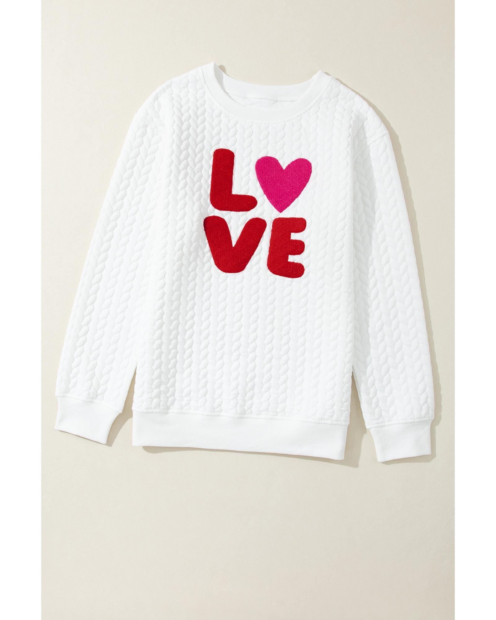 White LOVE Chenille Embroidered Cable Knit Pullover Sweatshirt - S 4
