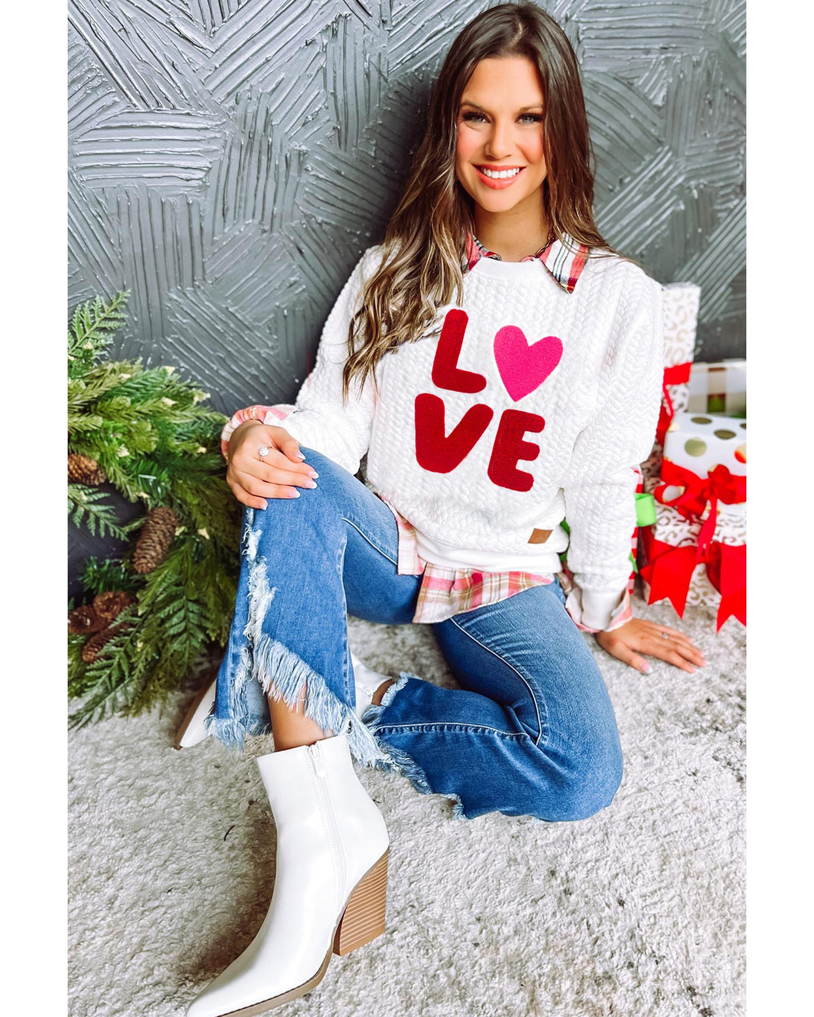 White LOVE Chenille Embroidered Cable Knit Pullover Sweatshirt - S 5