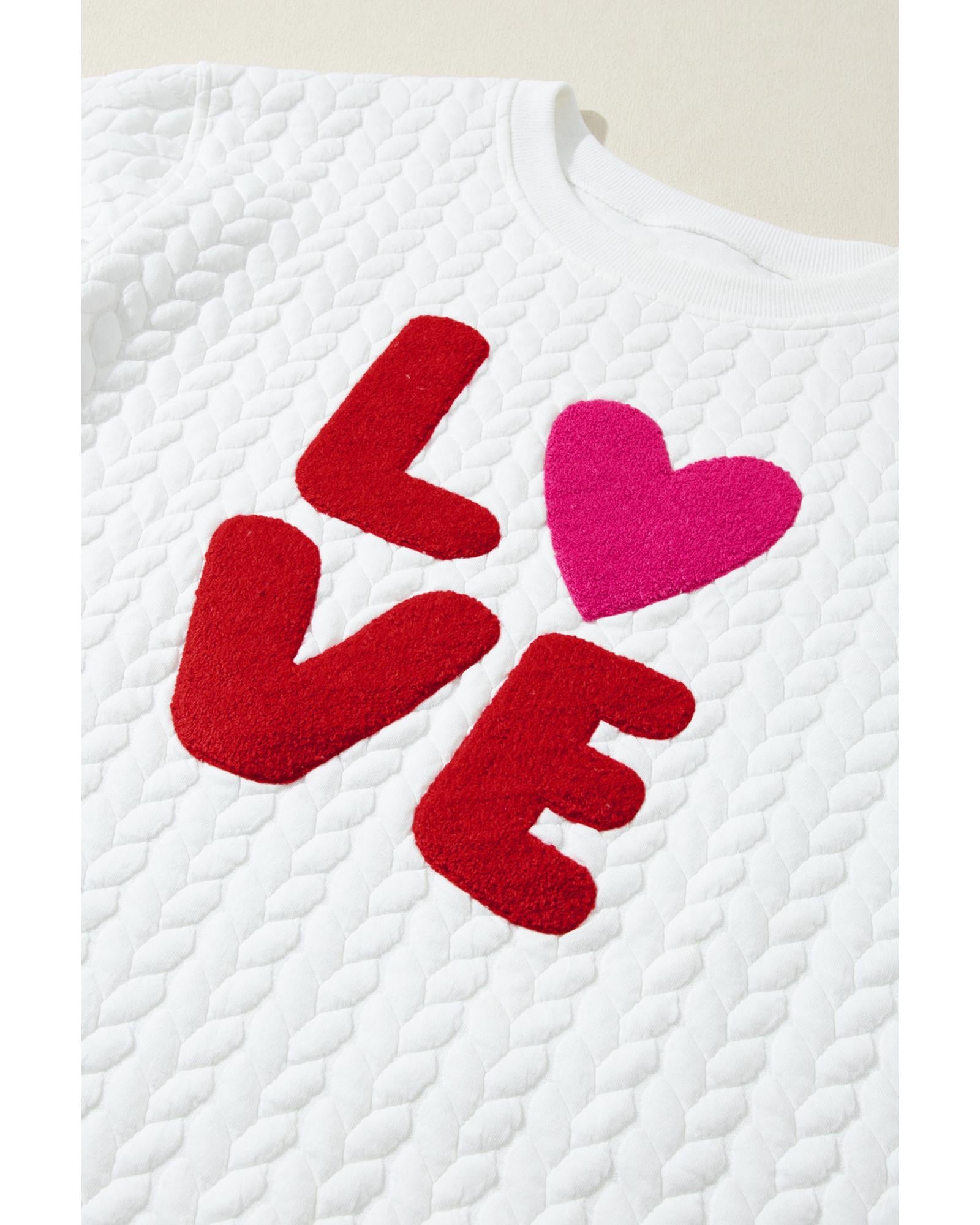 White LOVE Chenille Embroidered Cable Knit Pullover Sweatshirt - S 7