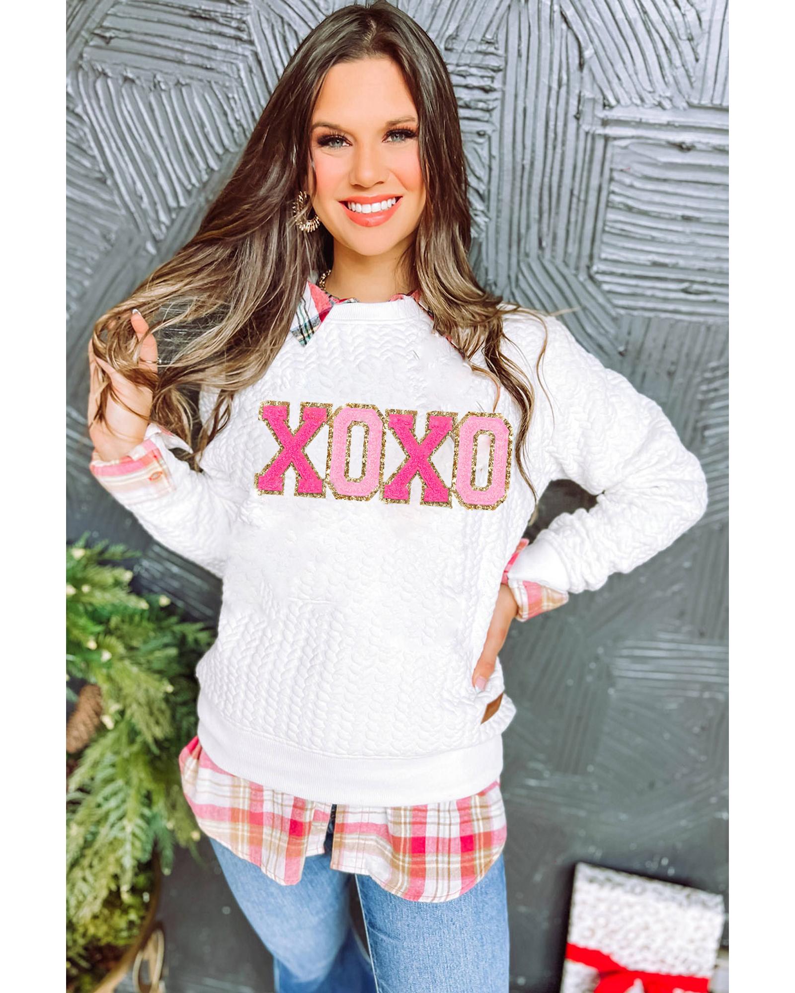 White XOXO Glitter Chenille Cable Knit Pullover Sweatshirt - S 4