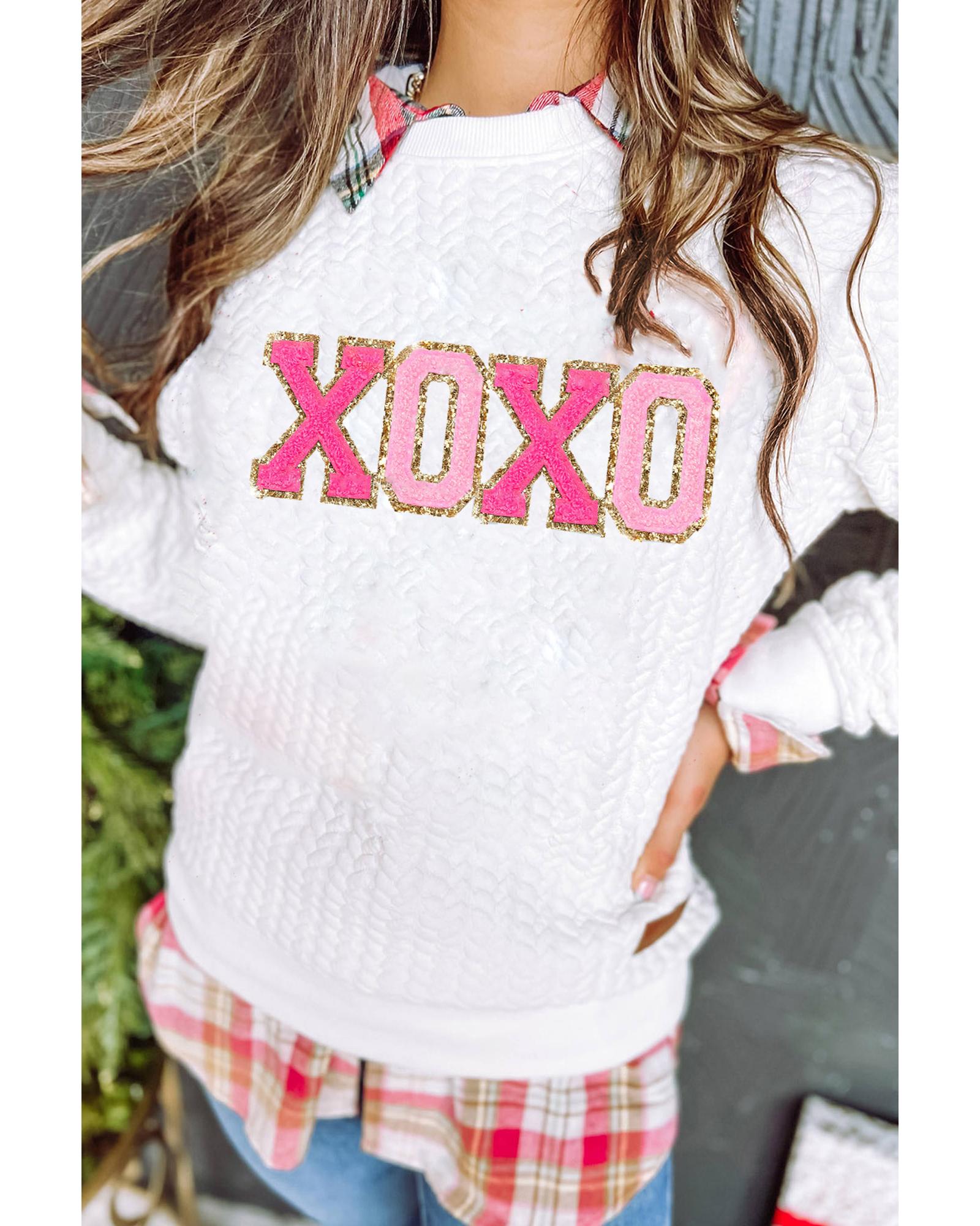 White XOXO Glitter Chenille Cable Knit Pullover Sweatshirt - XL