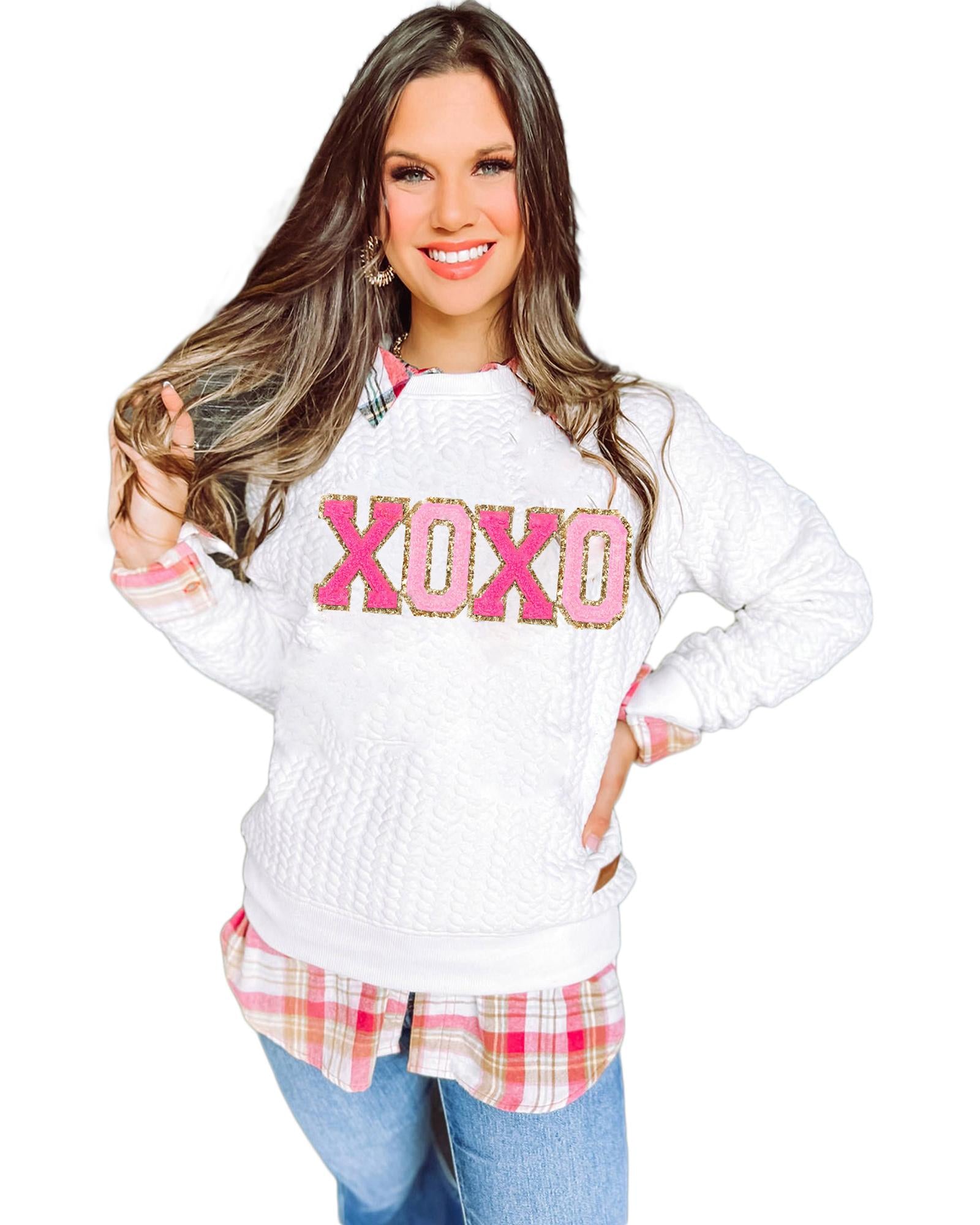 White XOXO Glitter Chenille Cable Knit Pullover Sweatshirt - XL 3
