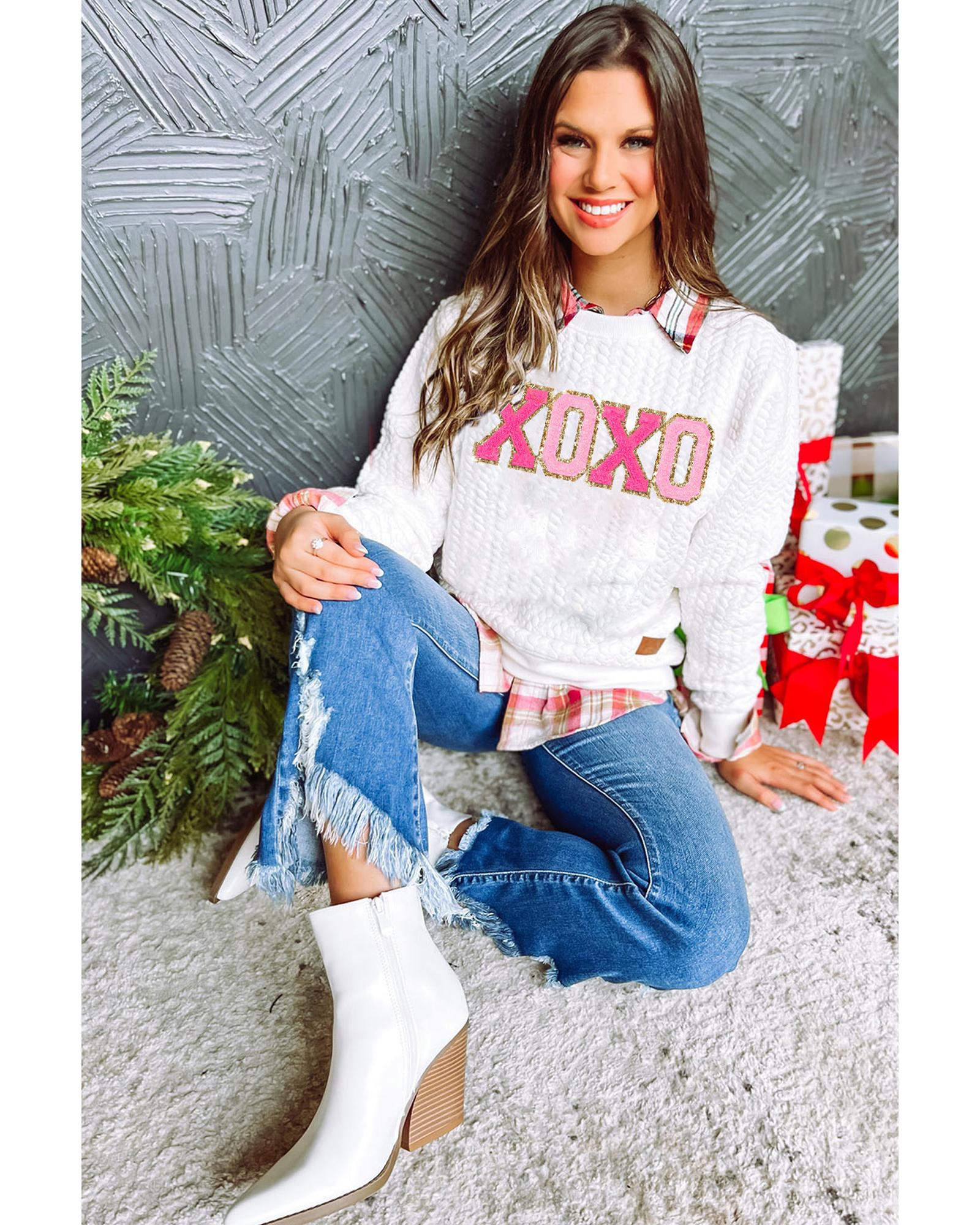White XOXO Glitter Chenille Cable Knit Pullover Sweatshirt - XL 4