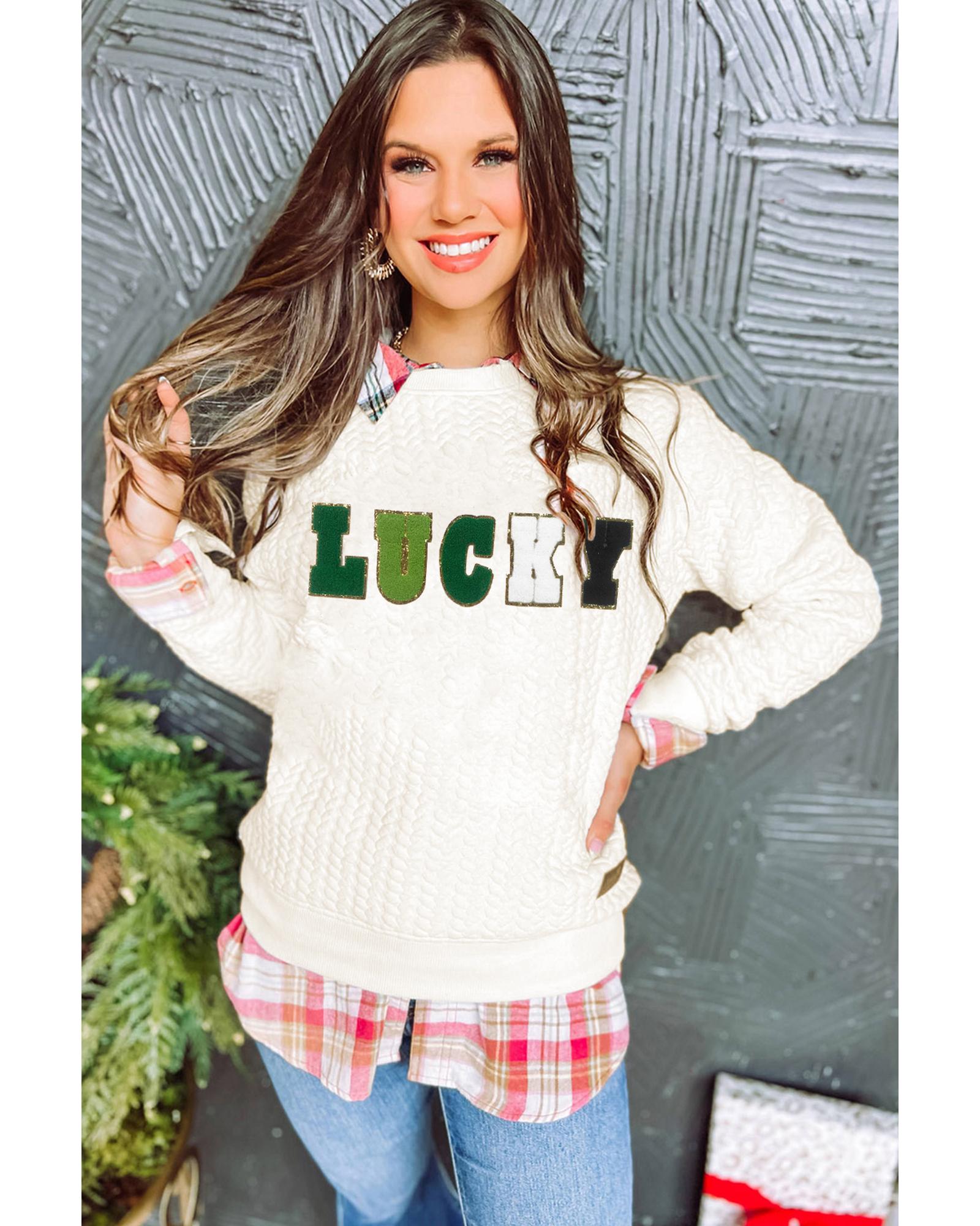 White LUCKY Chenille Embroidered Cable Knit Pullover Sweatshirt - XL