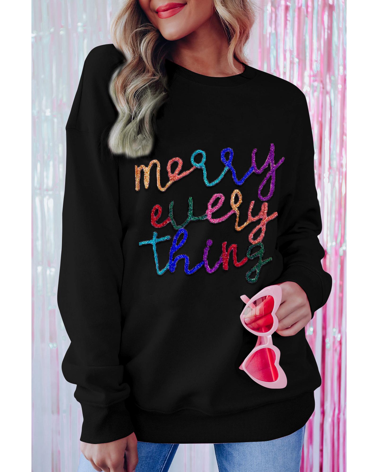 Black Merry Every Thing Glitter Slogan Sweatshirt - S 3