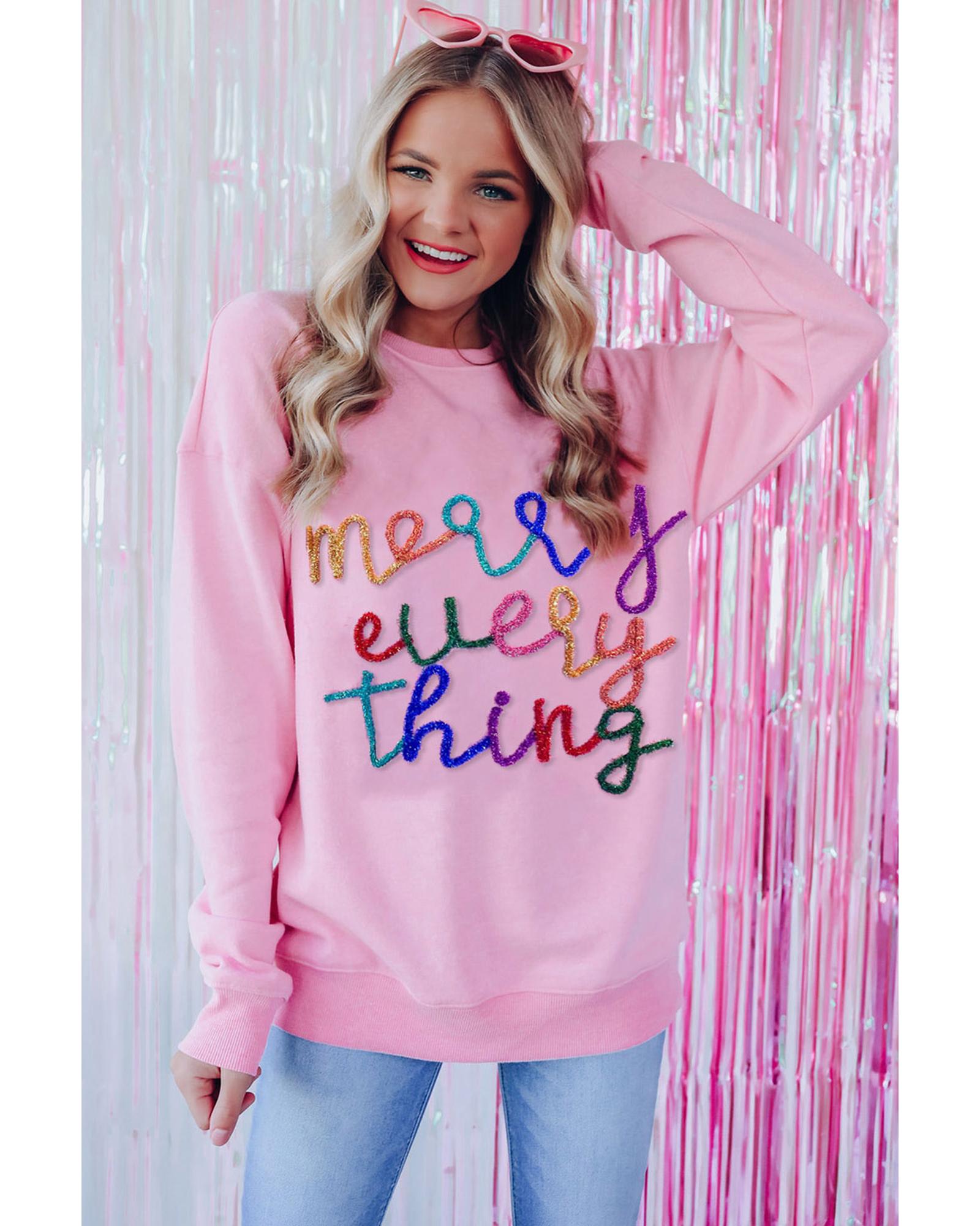Peach Blossom Merry Every Thing Glitter Slogan Sweatshirt - M
