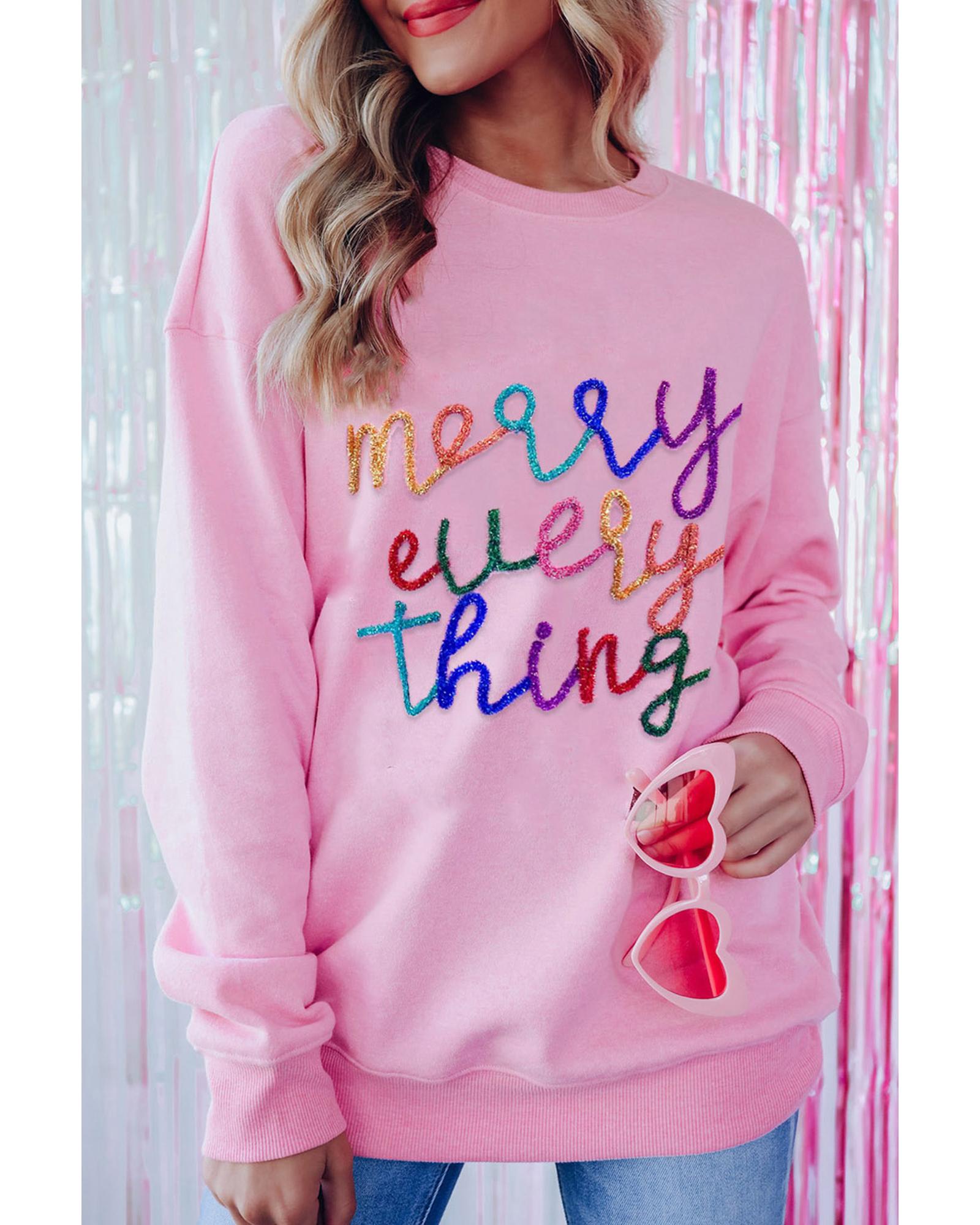 Peach Blossom Merry Every Thing Glitter Slogan Sweatshirt - XL