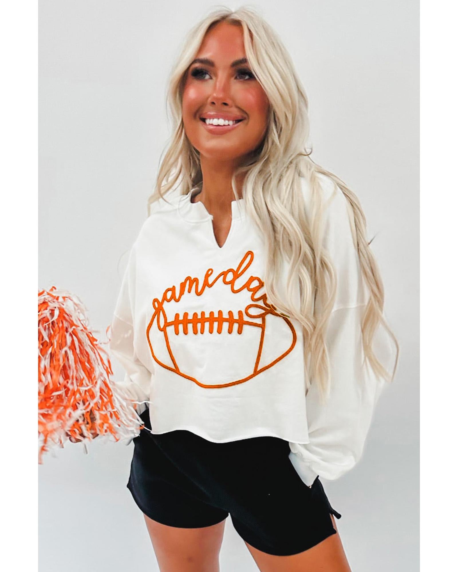 Bright White Game Day Lettering Rugby Notched Neck Sweatshirt - L
