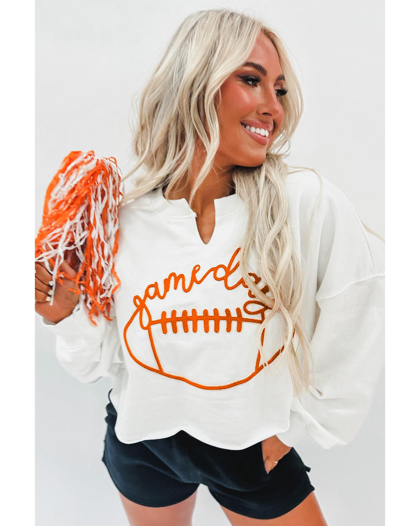 Bright White Game Day Lettering Rugby Notched Neck Sweatshirt - XL