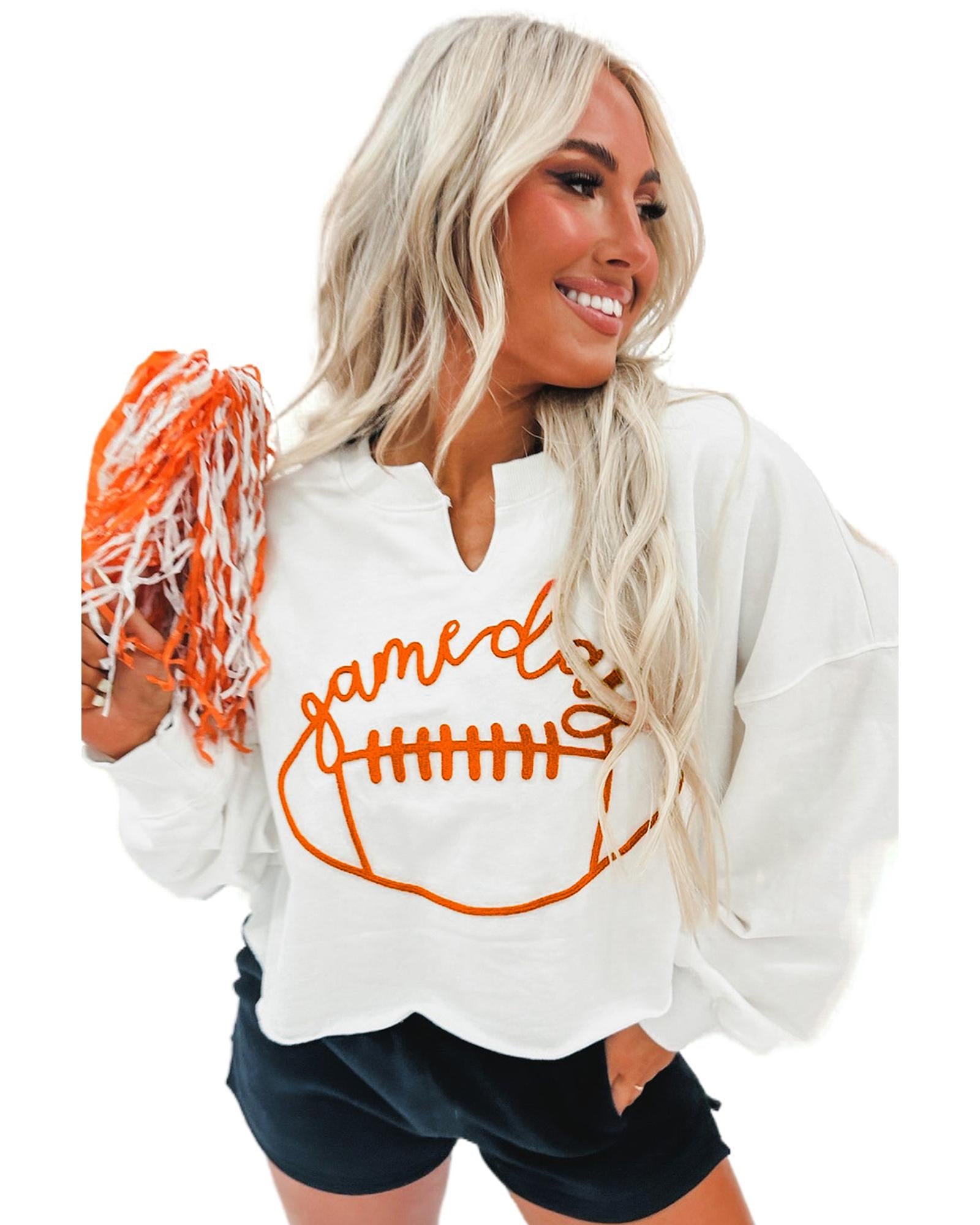 Bright White Game Day Lettering Rugby Notched Neck Sweatshirt - XL 4