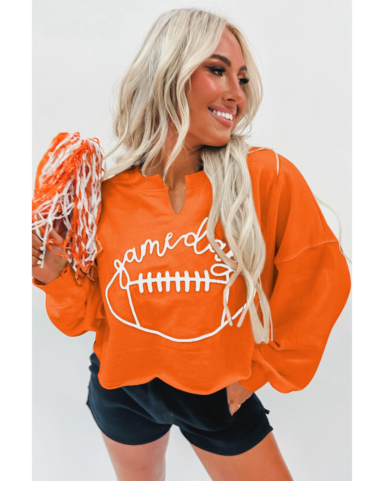 Orange Game Day Lettering Rugby Notched Neck Sweatshirt - S