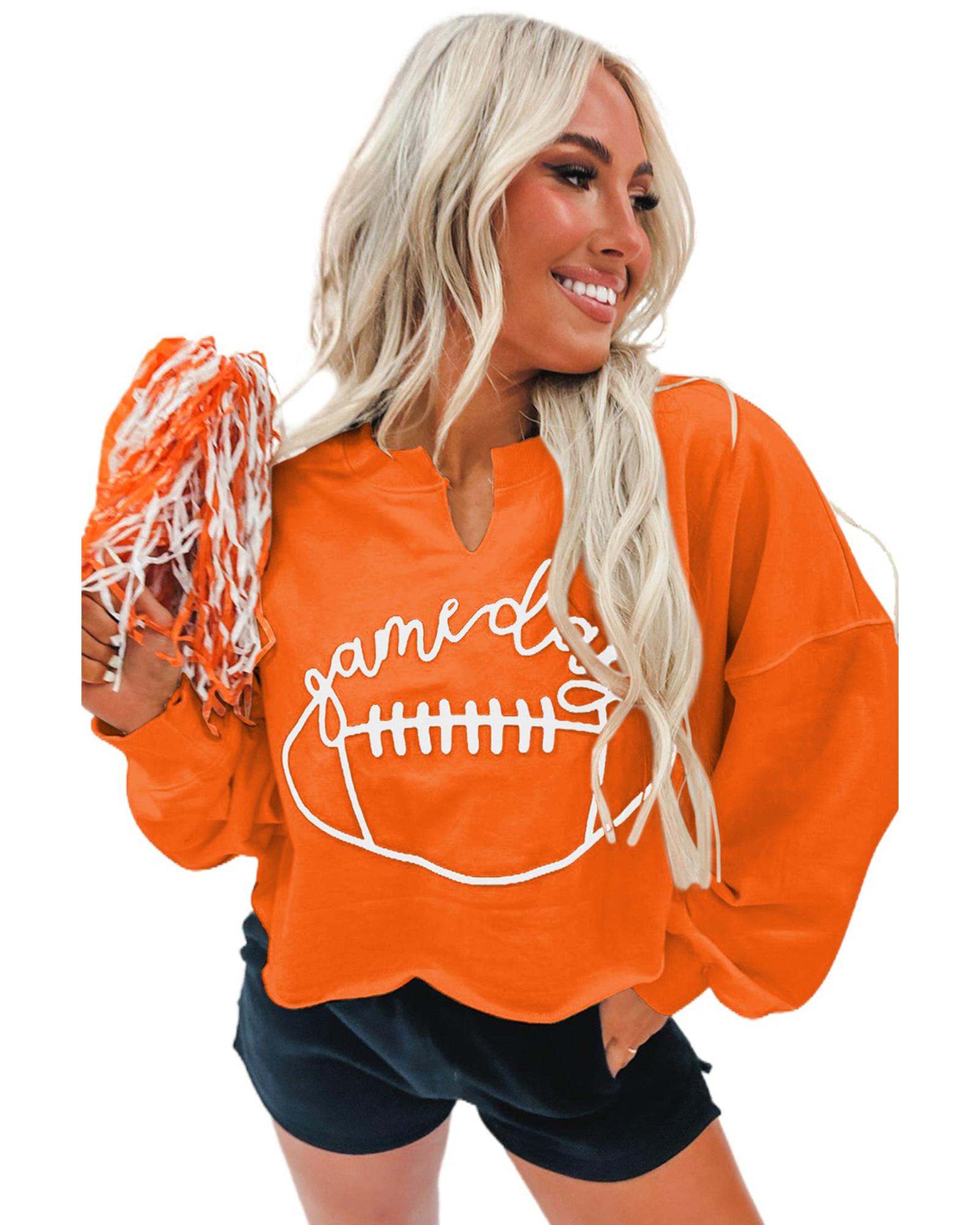Orange Game Day Lettering Rugby Notched Neck Sweatshirt - XL