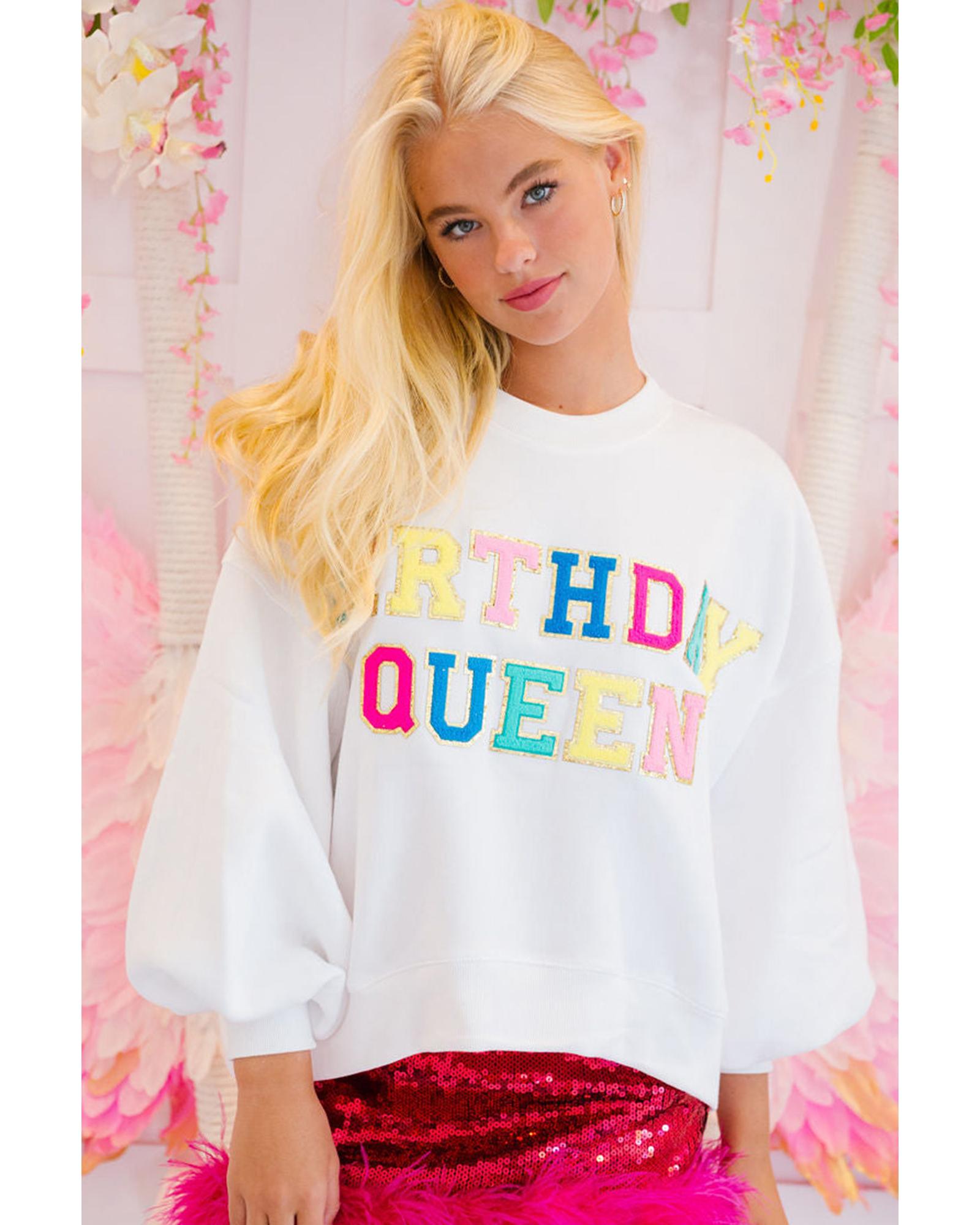 White BIRTHDAY QUEEN Graphic Balloon Sleeve Sweatshirt - S 7