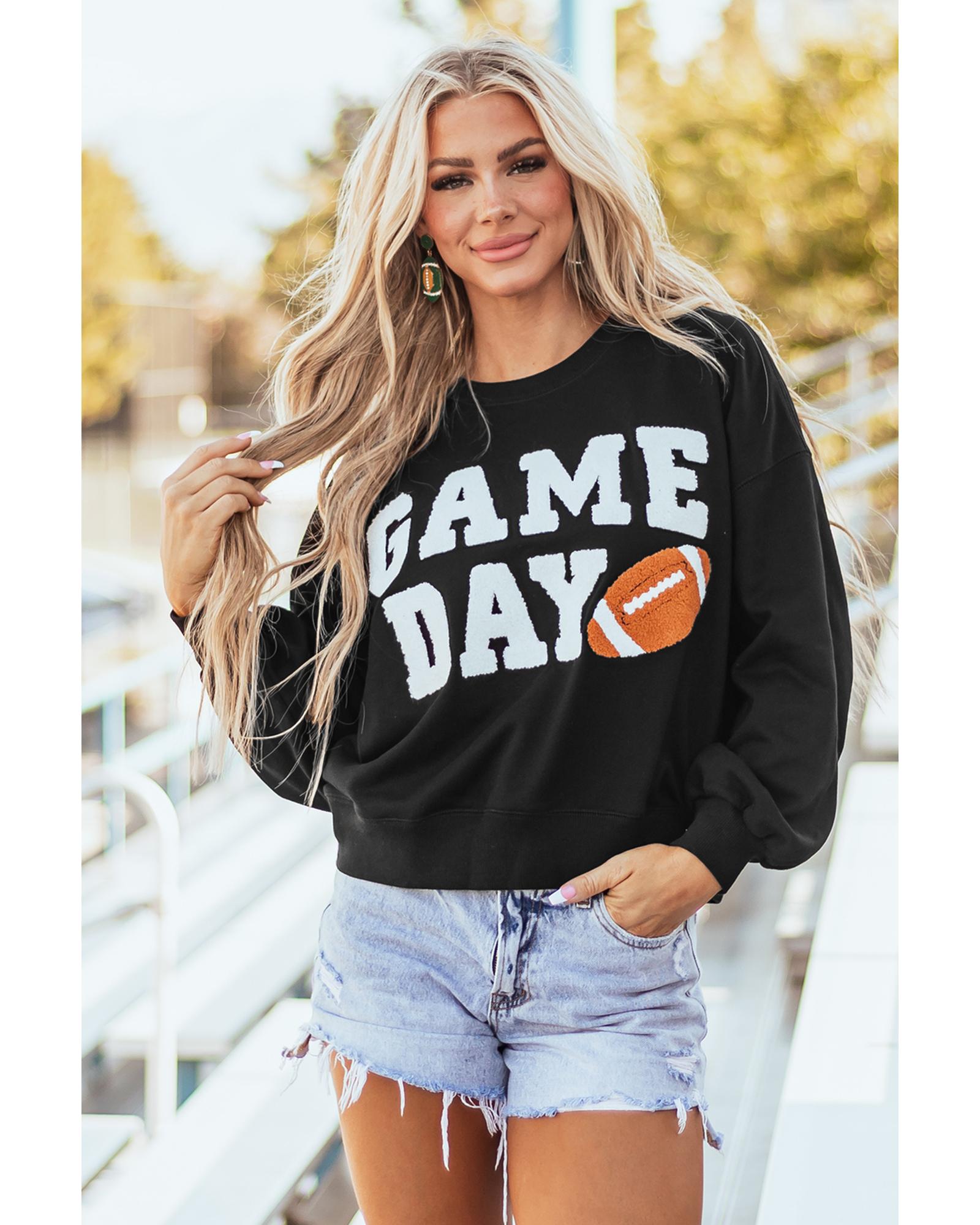 Black GAME DAY Graphic Varsity Pullover Sweatshirt - L 8