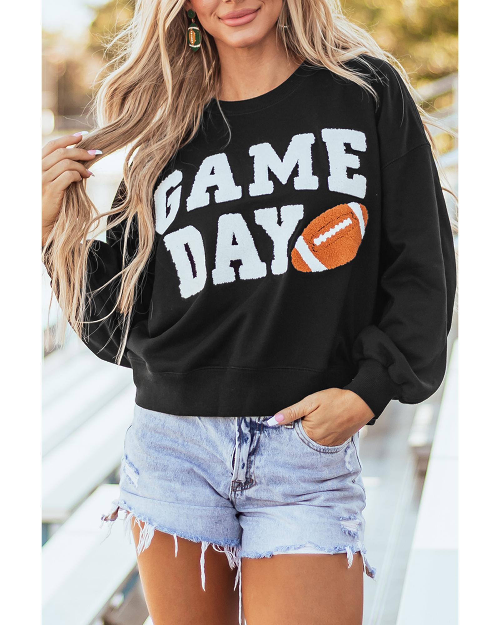 Black GAME DAY Graphic Varsity Pullover Sweatshirt - S 7