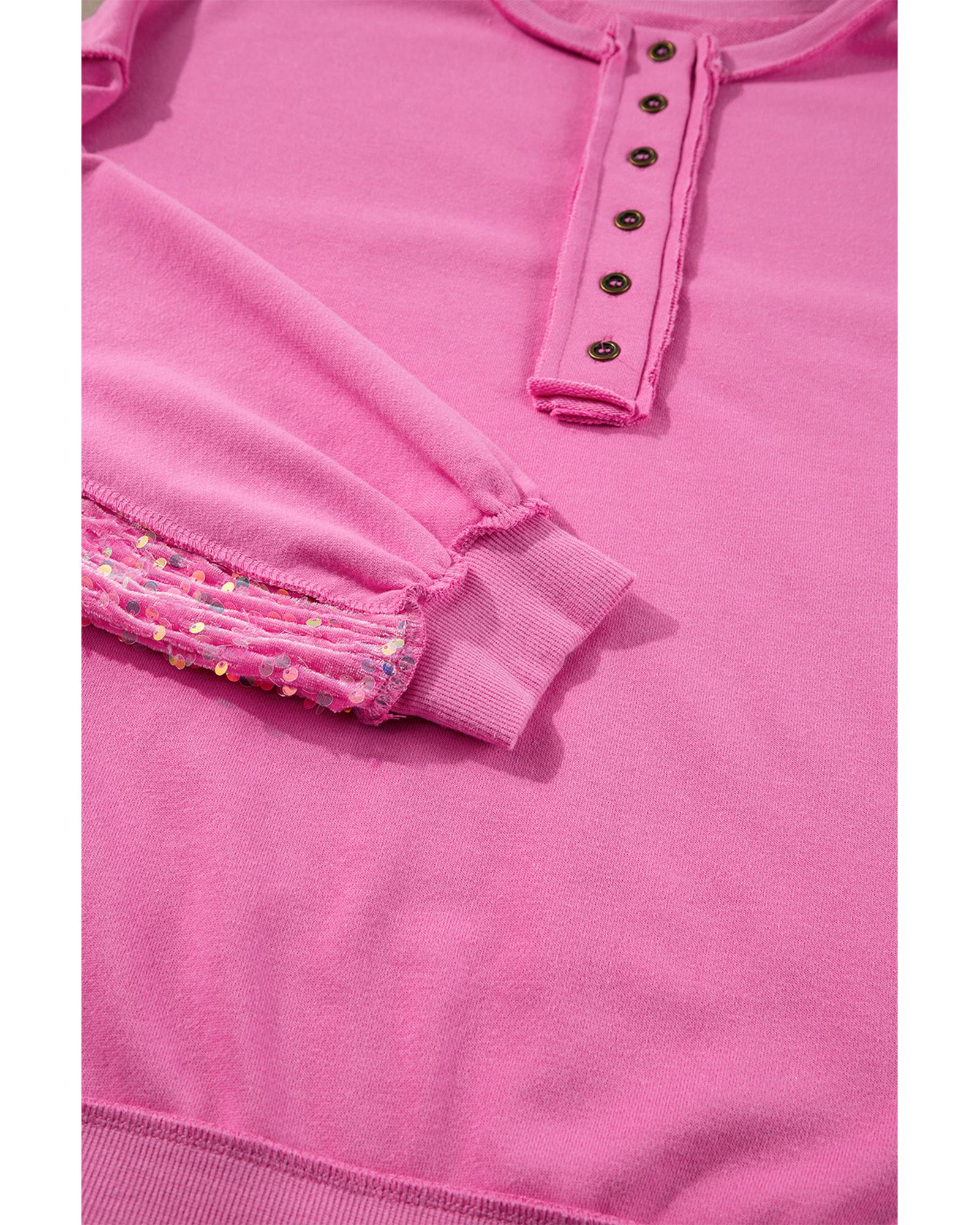 Bonbon Sequin Patchwork High Low Hem Henley Sweatshirt - L