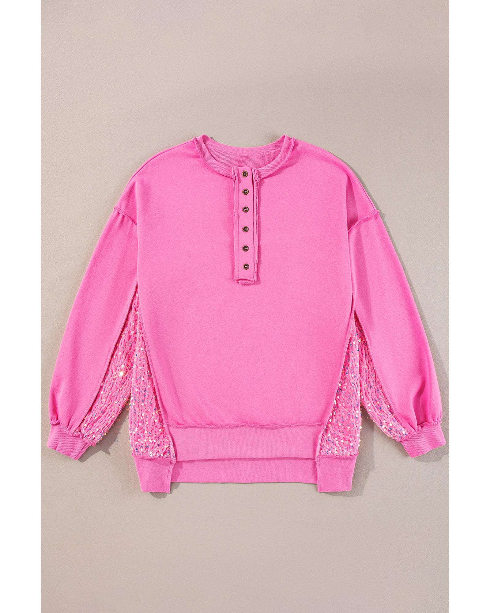 Bonbon Sequin Patchwork High Low Hem Henley Sweatshirt - M 3