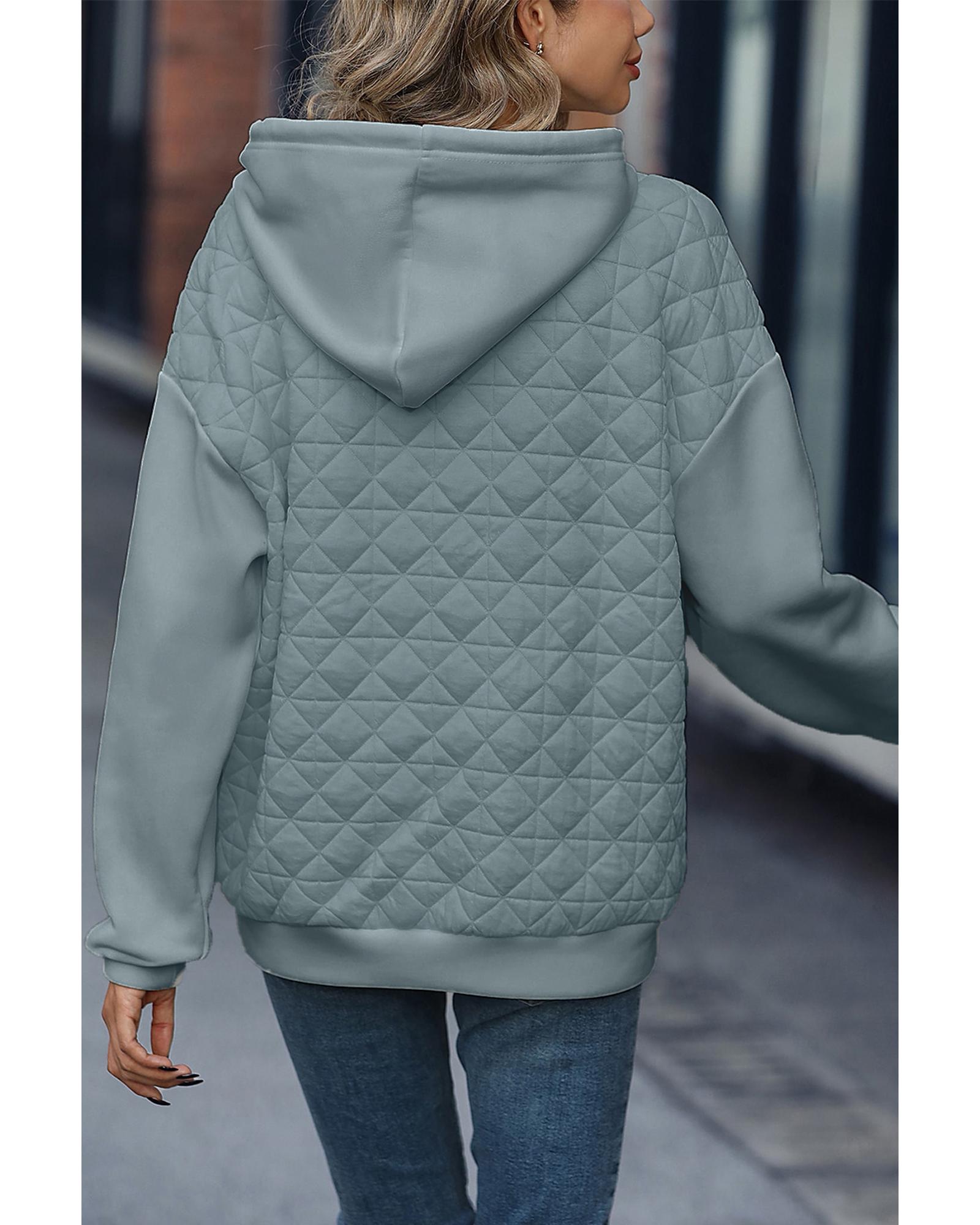Light Grey Drop Shoulder Quilted Patchwork Kangaroo Pocket Hoodie - M
